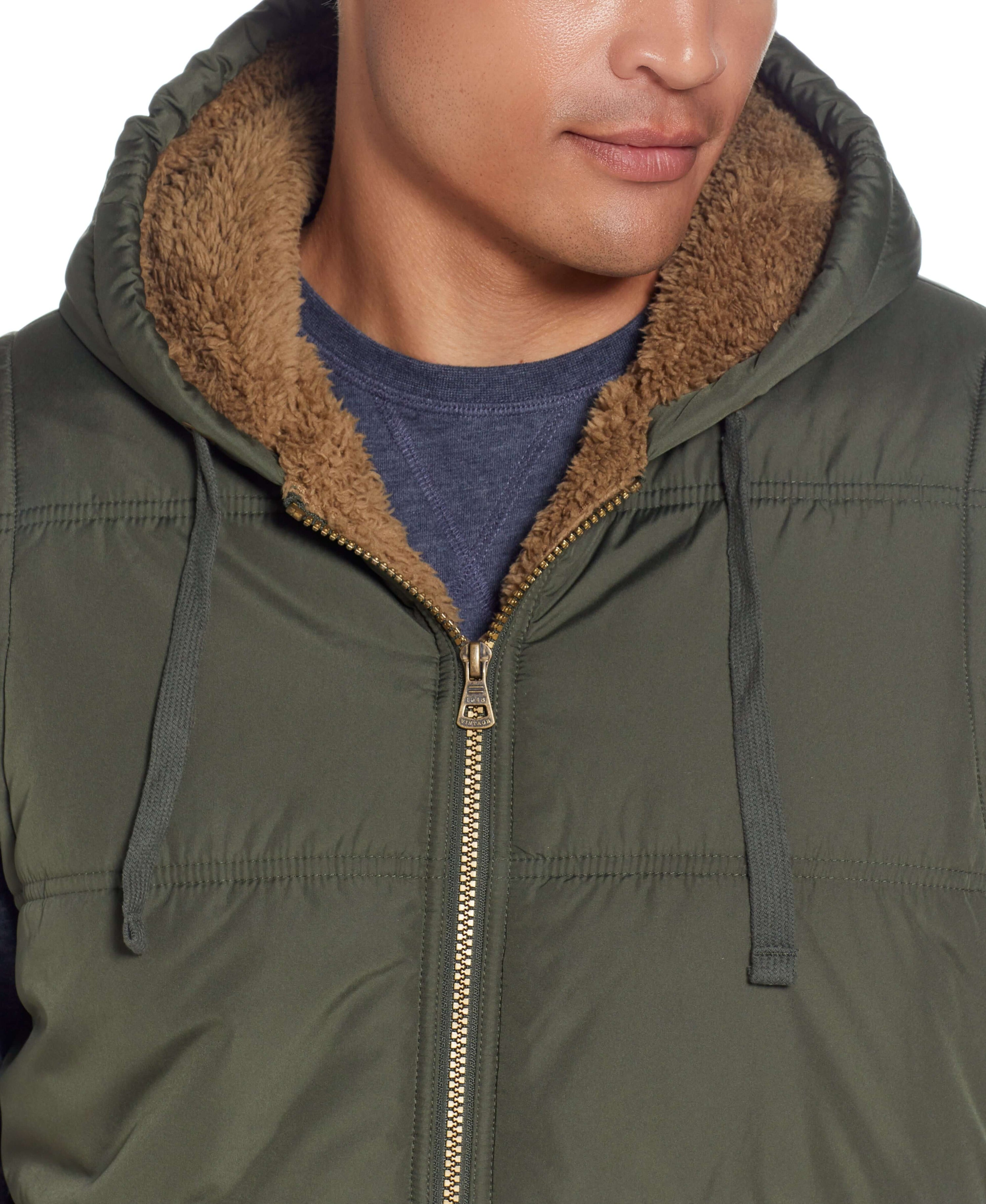 SHERPA LINED HOODED PUFFER VEST in DEEP OLIVE