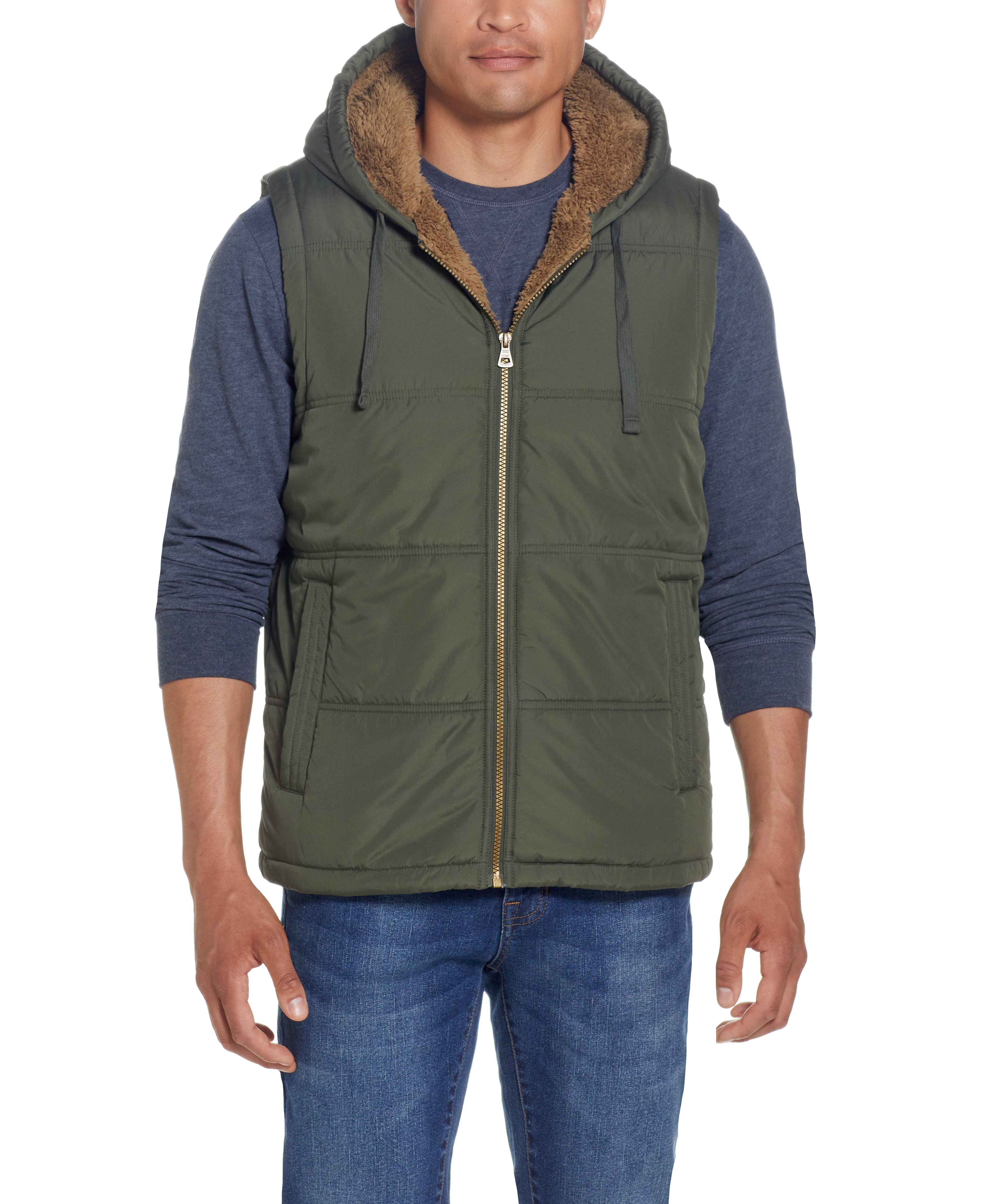 SHERPA LINED HOODED PUFFER VEST in DEEP OLIVE