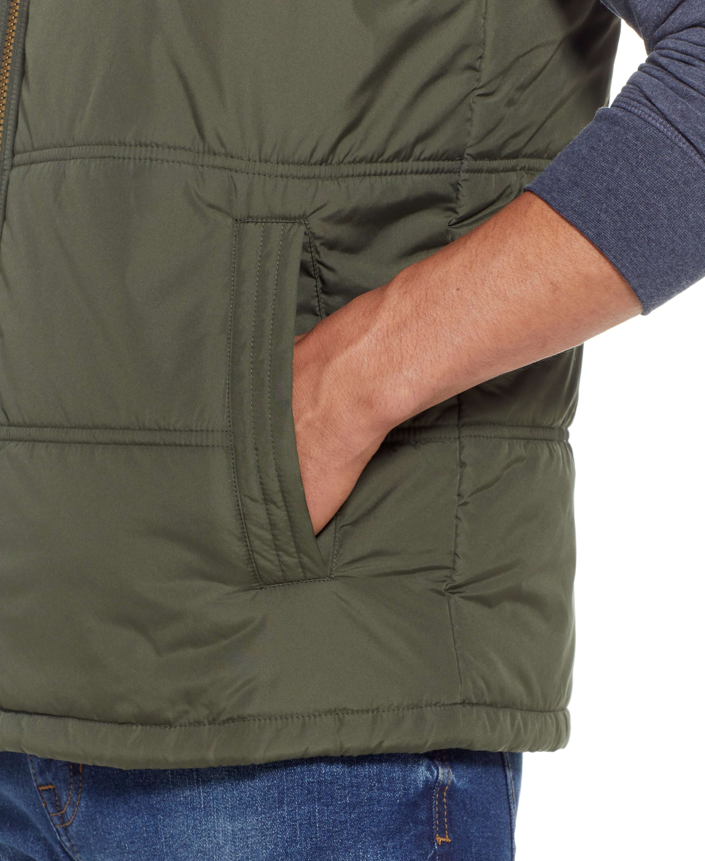 SHERPA LINED HOODED PUFFER VEST in DEEP OLIVE
