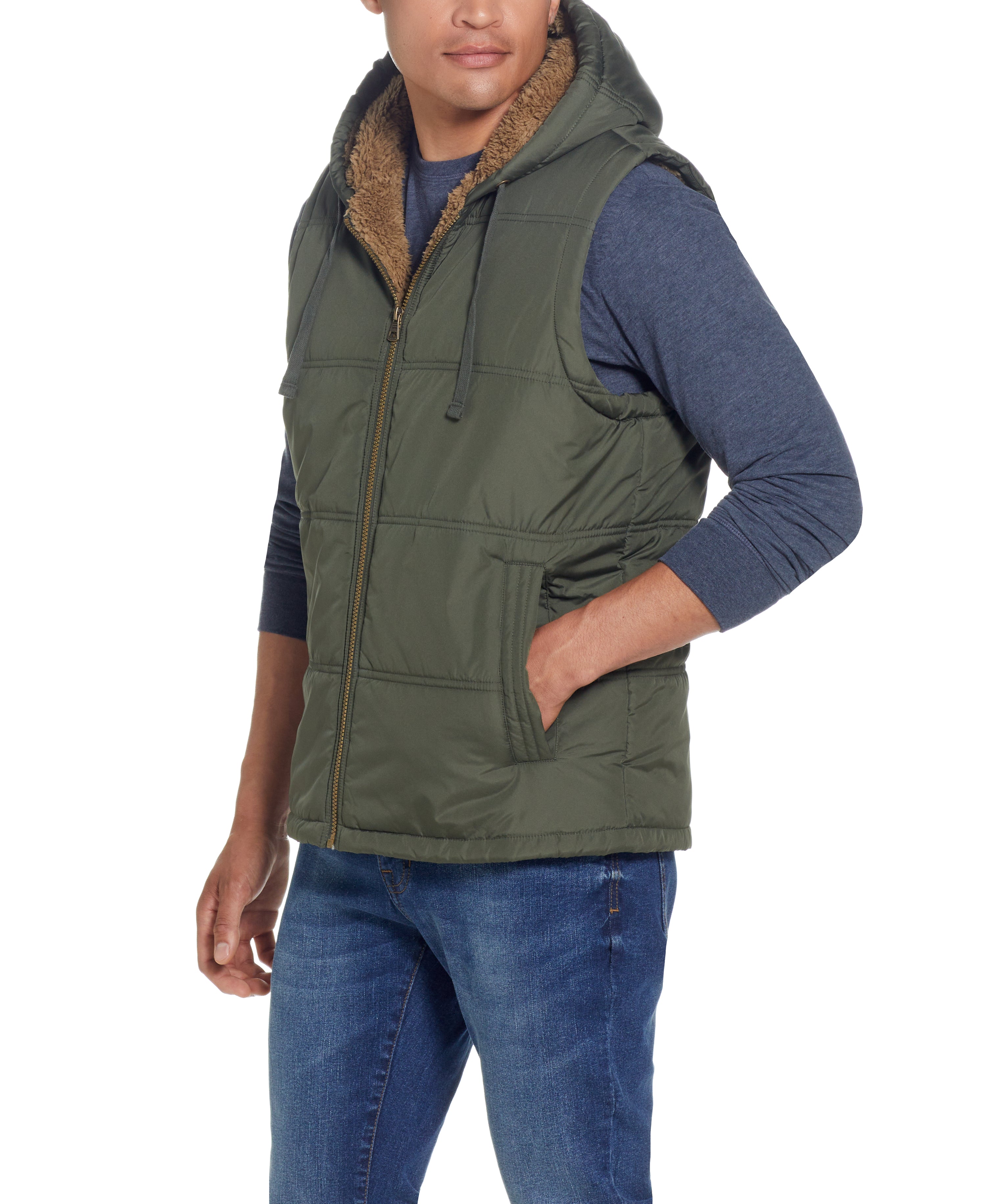 SHERPA LINED HOODED PUFFER VEST in DEEP OLIVE