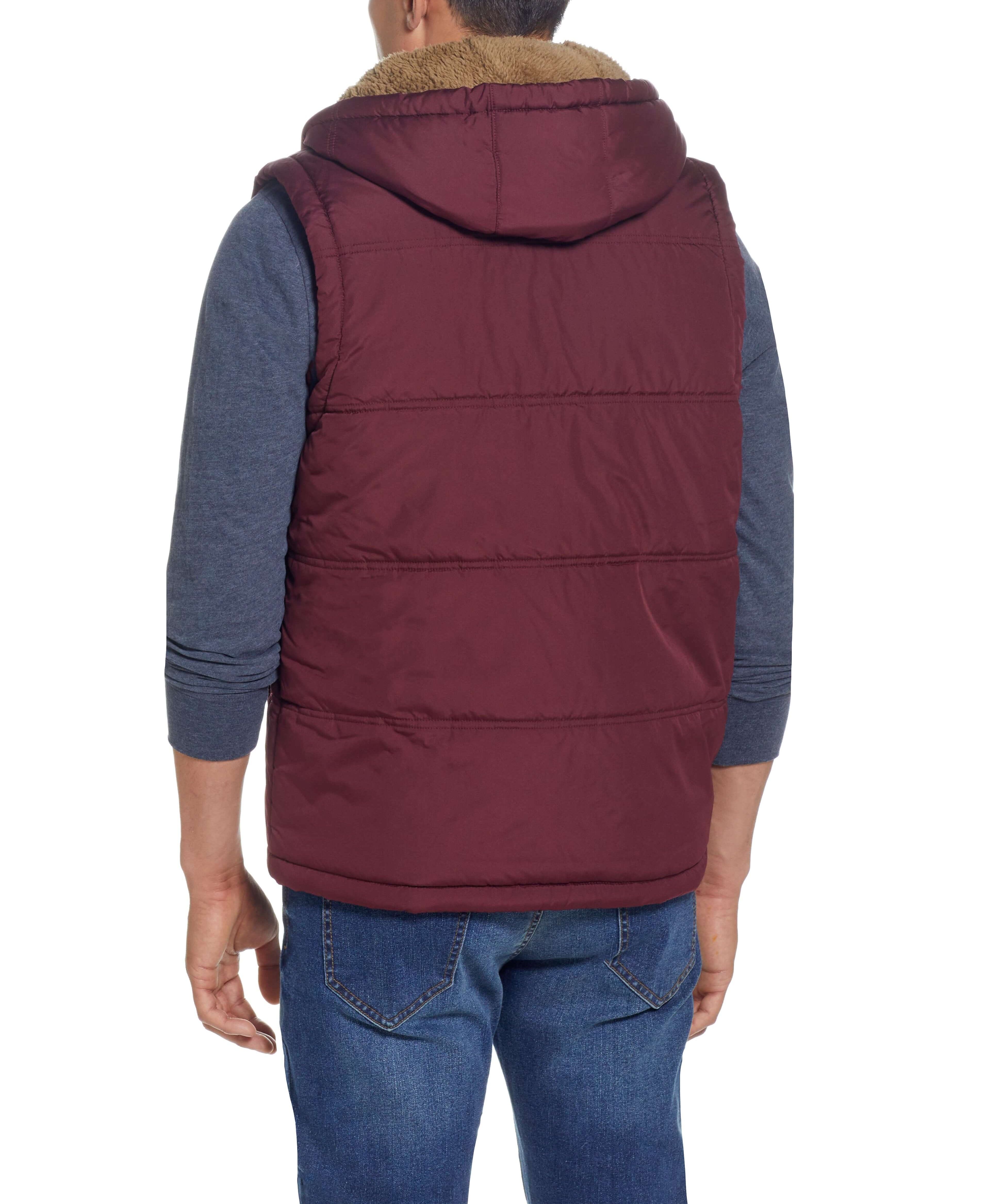 Sherpa Lined Hooded Puffer Vest In Port back view showing drawcord hood and sherpa lining for warmth.