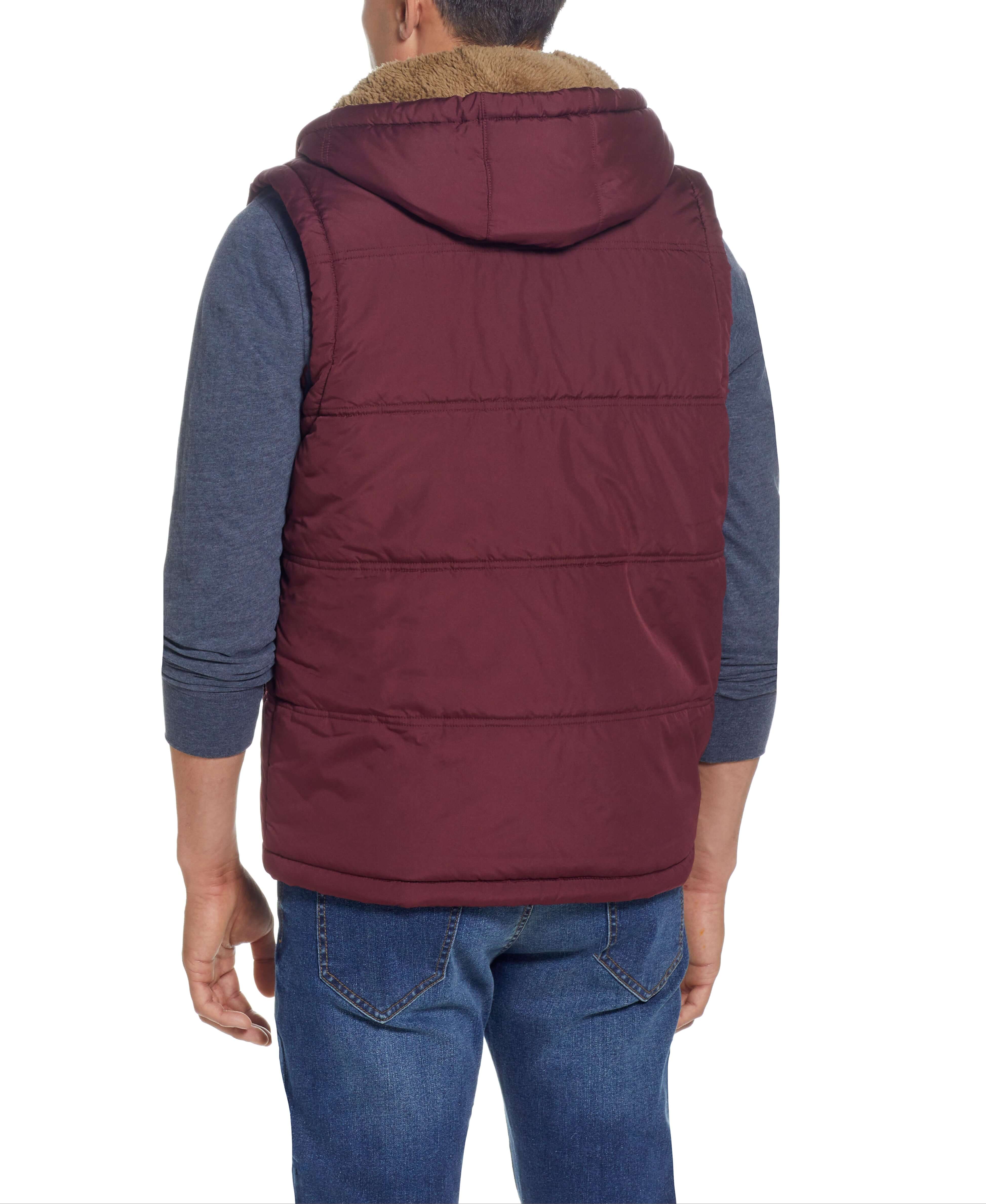 Sherpa Lined Hooded Puffer Vest In Port back view showing drawcord hood and sherpa lining for warmth.