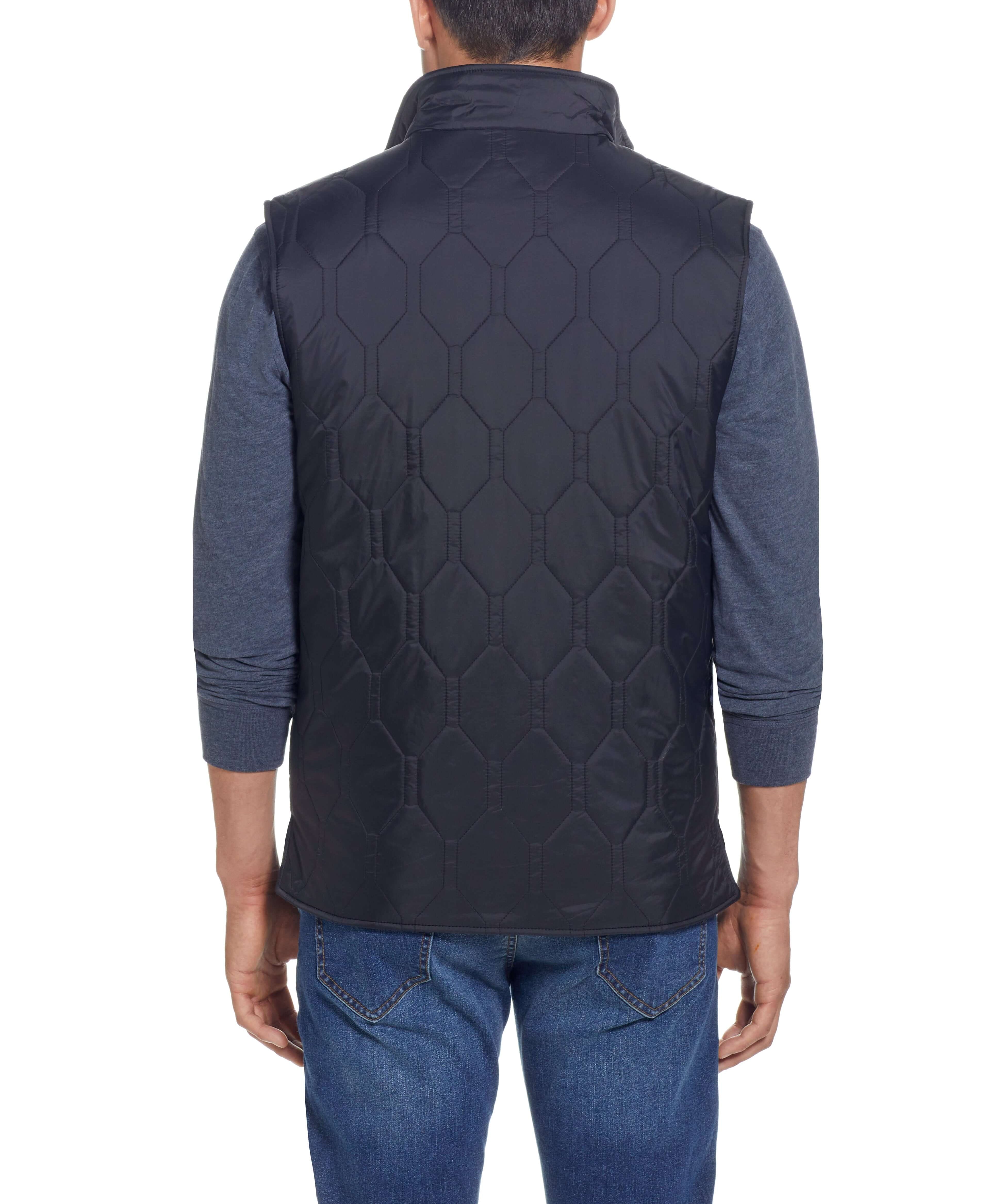 Back view of HEXAGON QUILTED LIGHTWEIGHT VEST in BLACK showcasing its stylish design and lightweight construction.