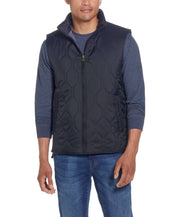 HEXAGON QUILTED LIGHTWEIGHT VEST in BLACK worn by a model, featuring a front zipper closure and mock-neck design.