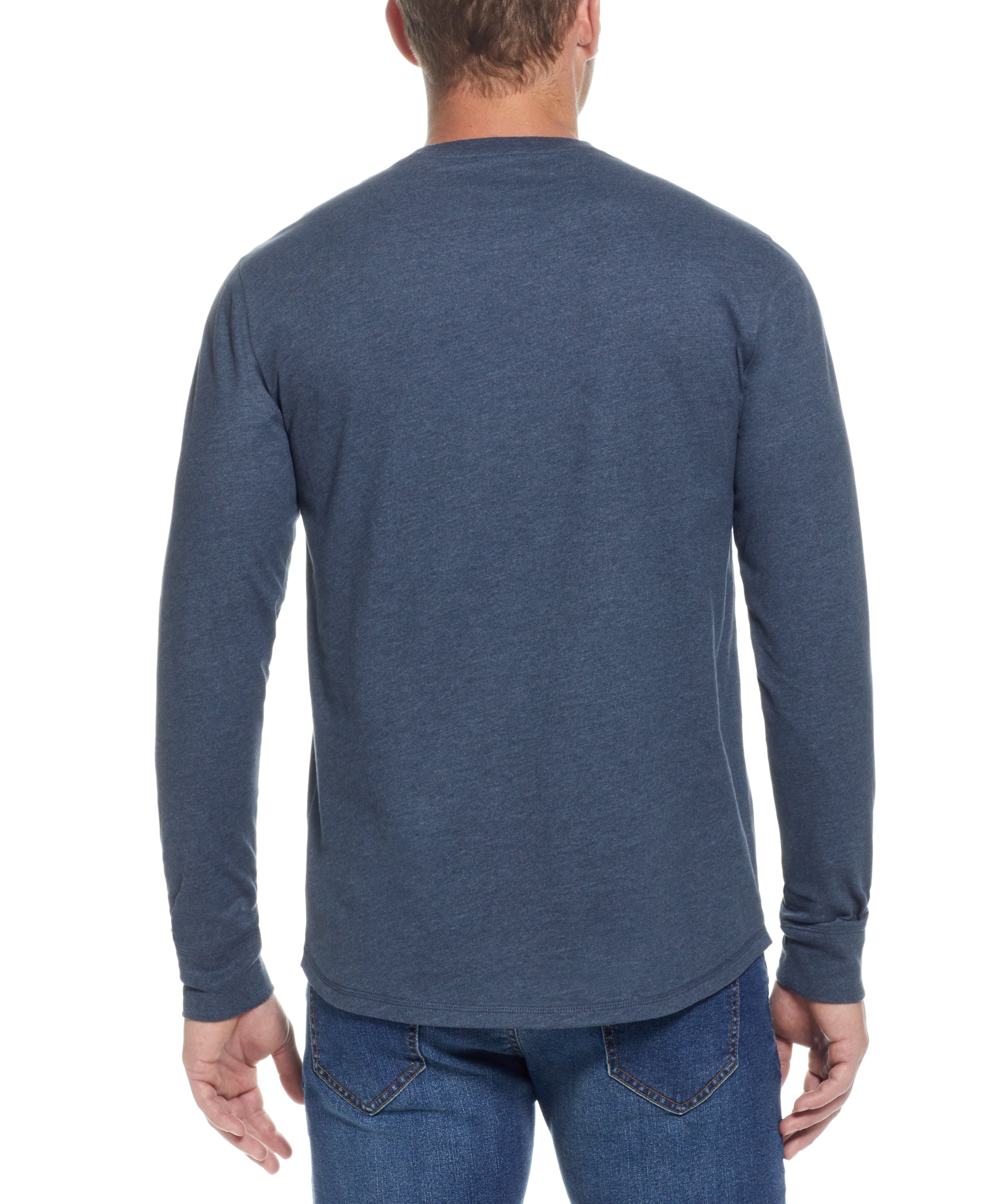 S BRUSHED JERSEY CREW in BLUE MIRAGE HTR, showcasing the relaxed fit and long sleeves.