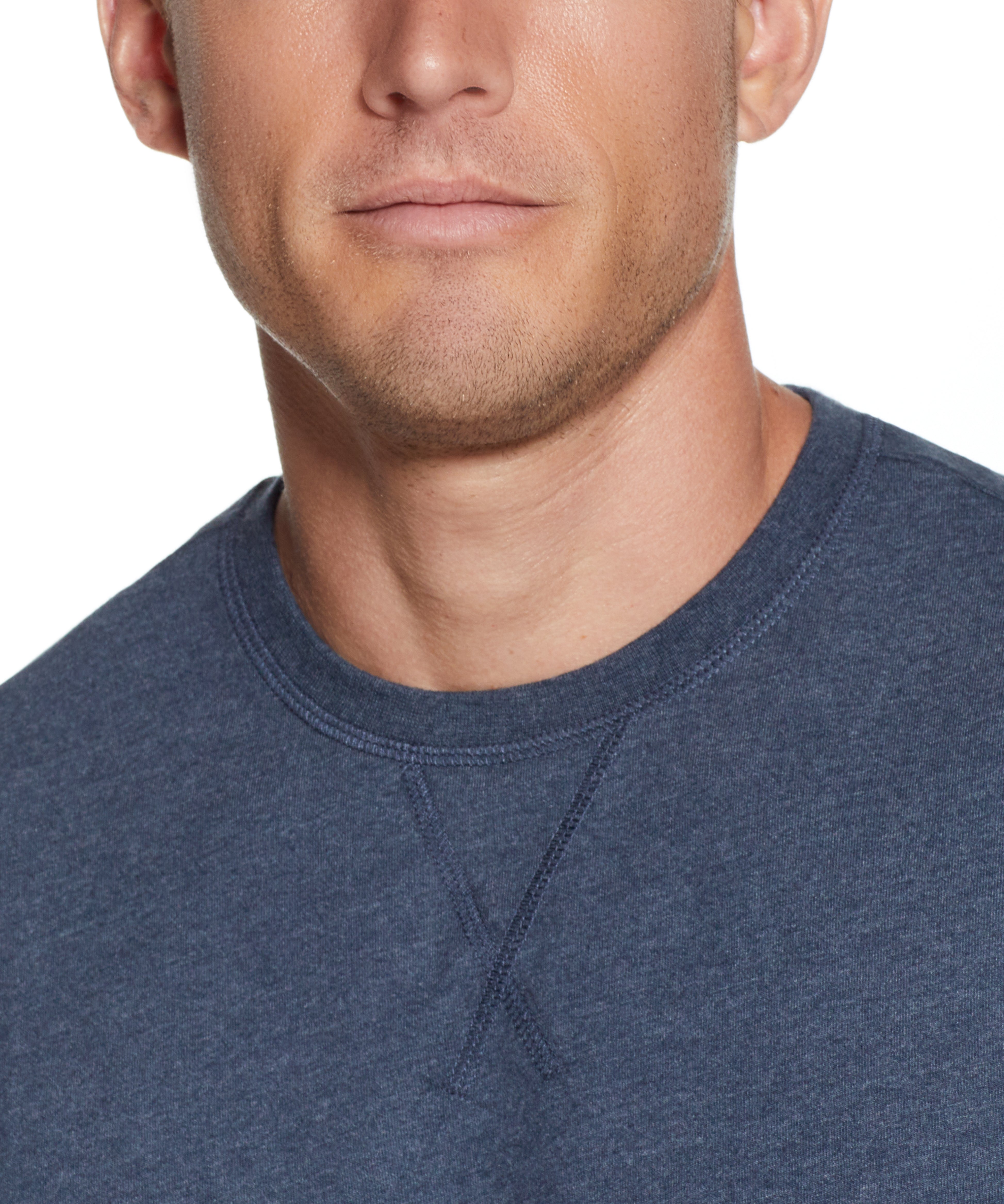 S BRUSHED JERSEY CREW in BLUE MIRAGE HTR featuring a close-up of the crew neck design.