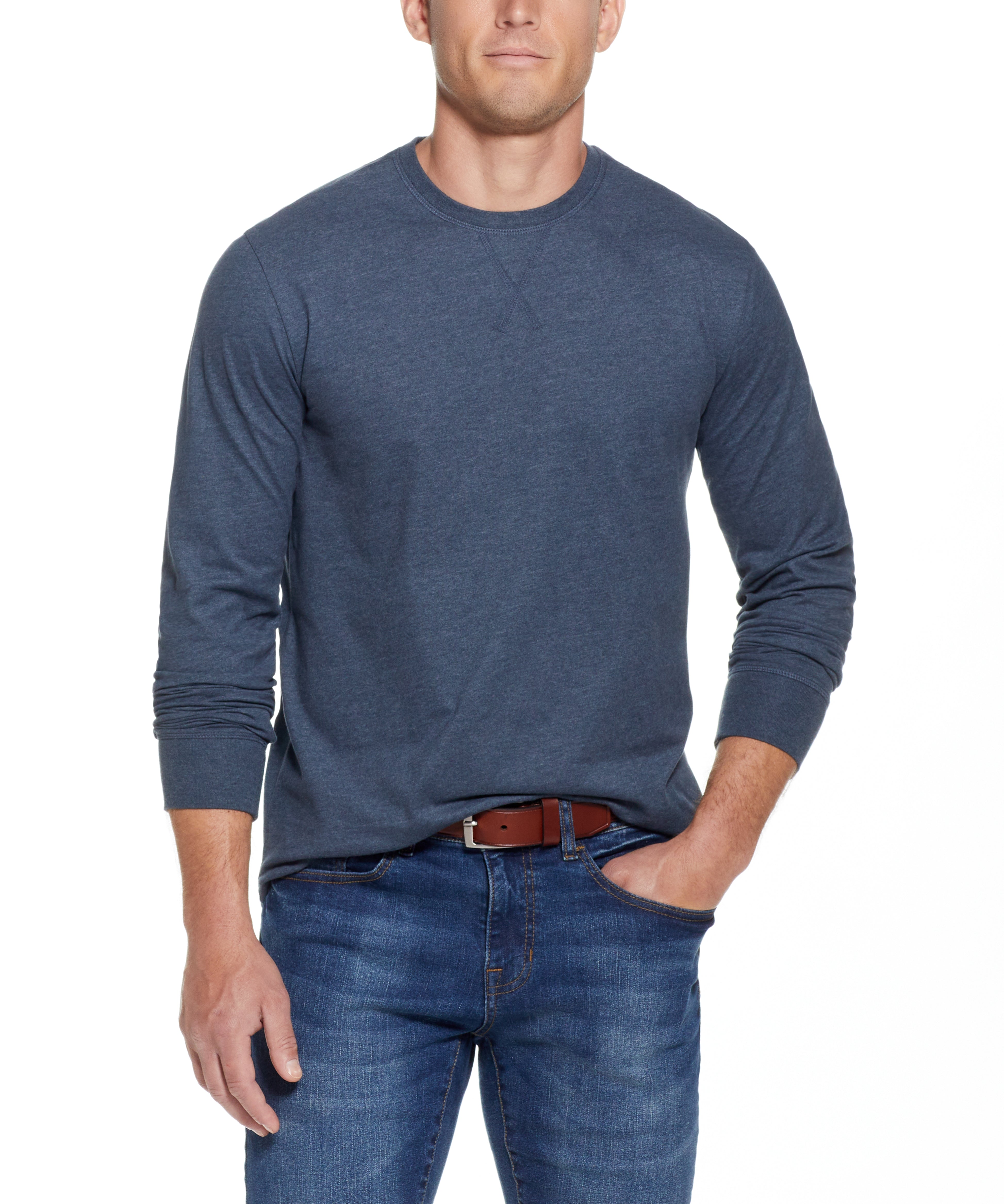 S BRUSHED JERSEY CREW in BLUE MIRAGE HTR worn by a model, showcasing a relaxed fit long sleeve pullover.