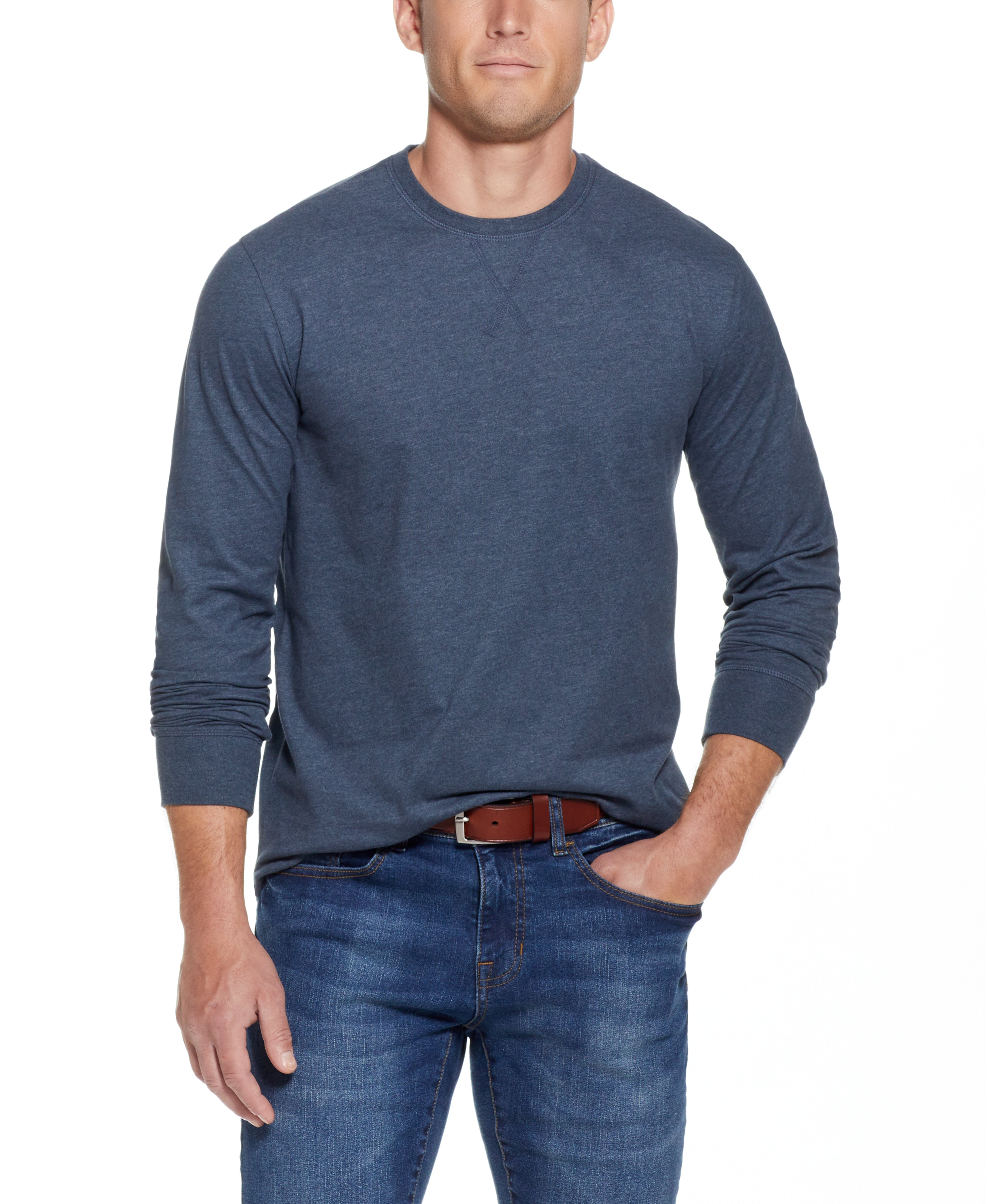 L/S BRUSHED JERSEY CREW in BLUE MIRAGE HTR worn by a model, showcasing a relaxed fit long sleeve pullover.
