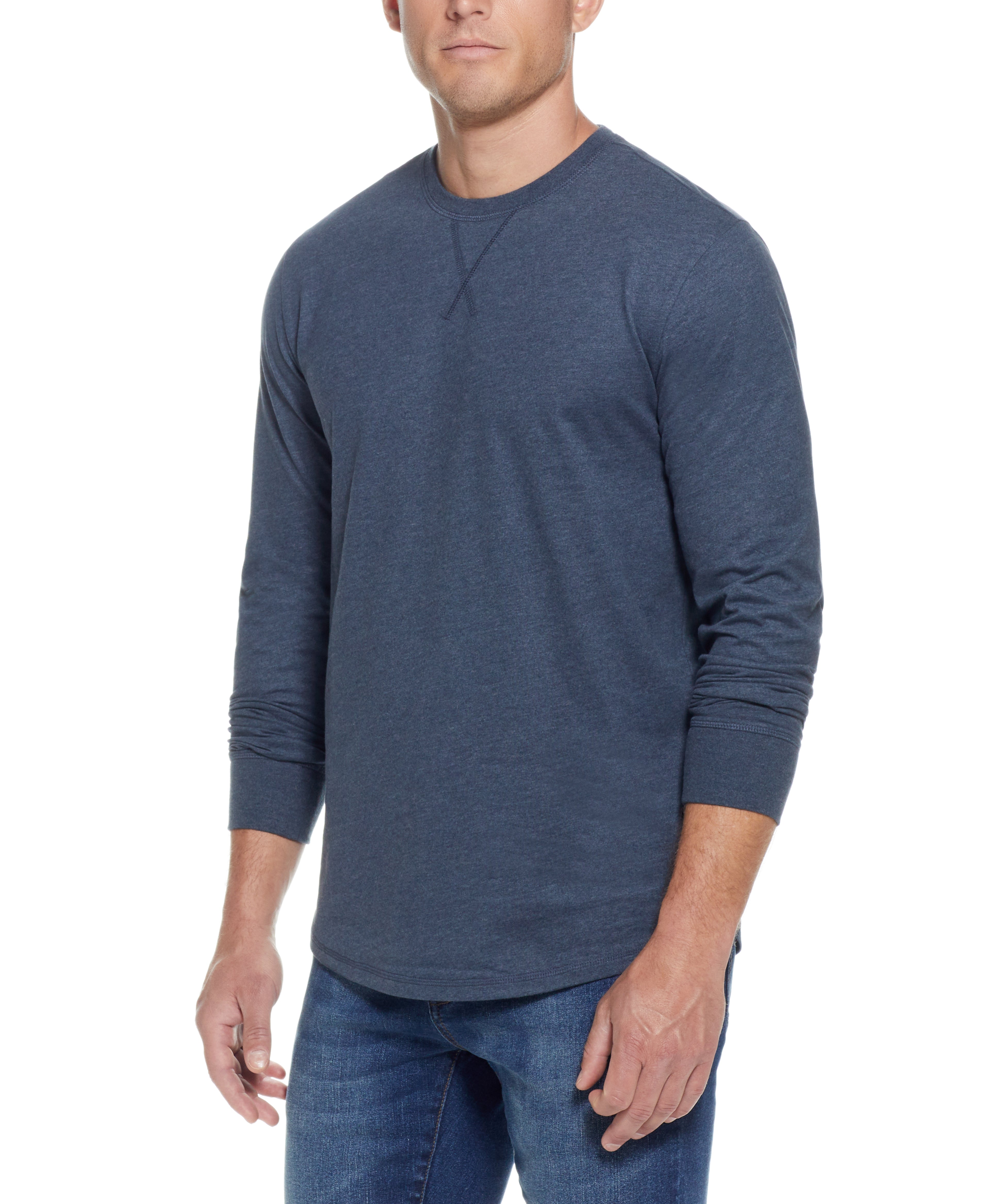 S BRUSHED JERSEY CREW in BLUE MIRAGE HTR displayed on model, showcasing its relaxed fit and soft cotton blend.