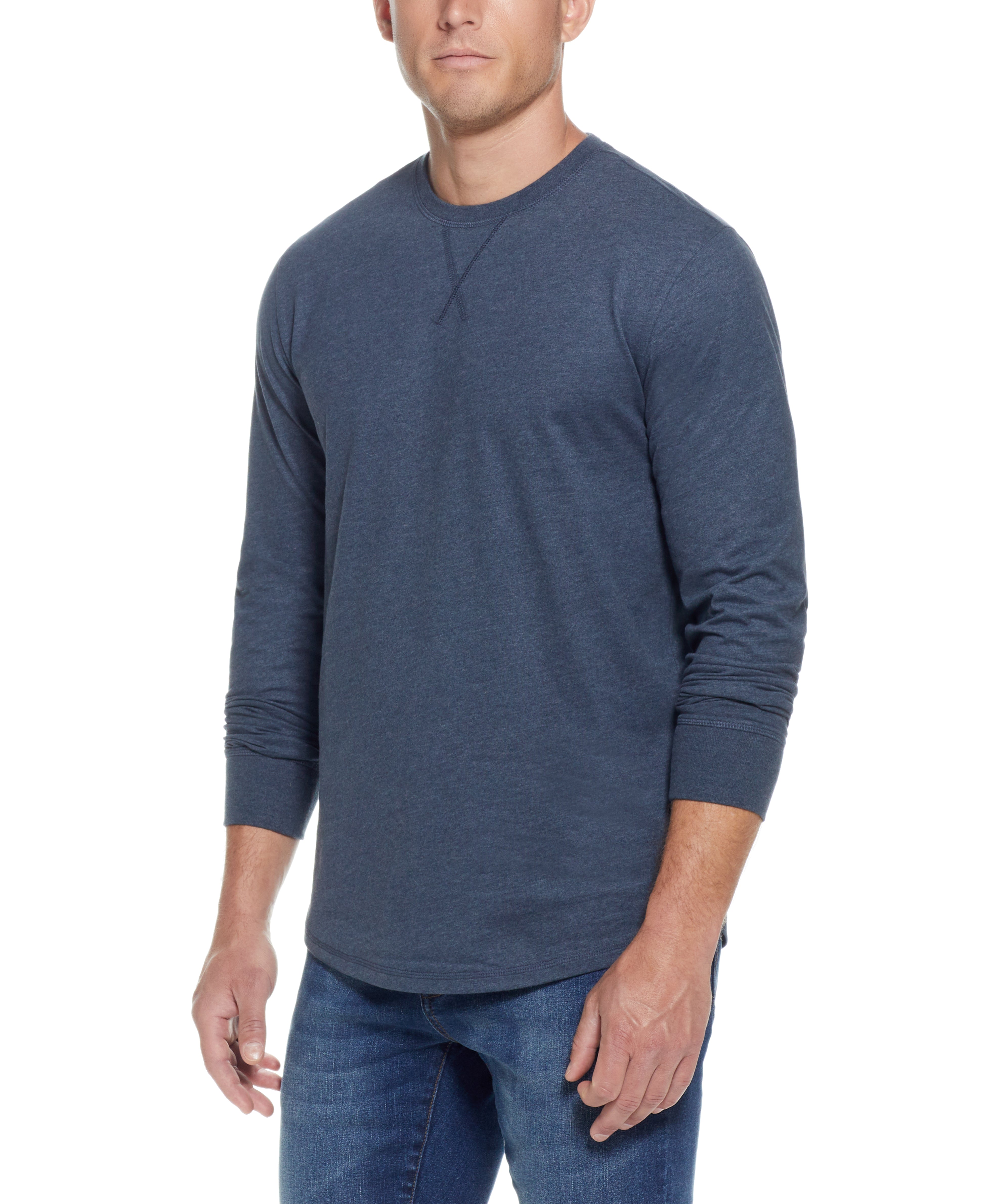 L/S BRUSHED JERSEY CREW in BLUE MIRAGE HTR displayed on model, showcasing its relaxed fit and soft cotton blend.