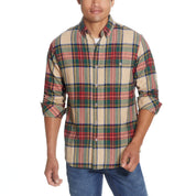 HOLIDAY ANTIQUE FLANNEL SHIRT in BEIGE worn by a model, featuring a plaid pattern and button-down design.