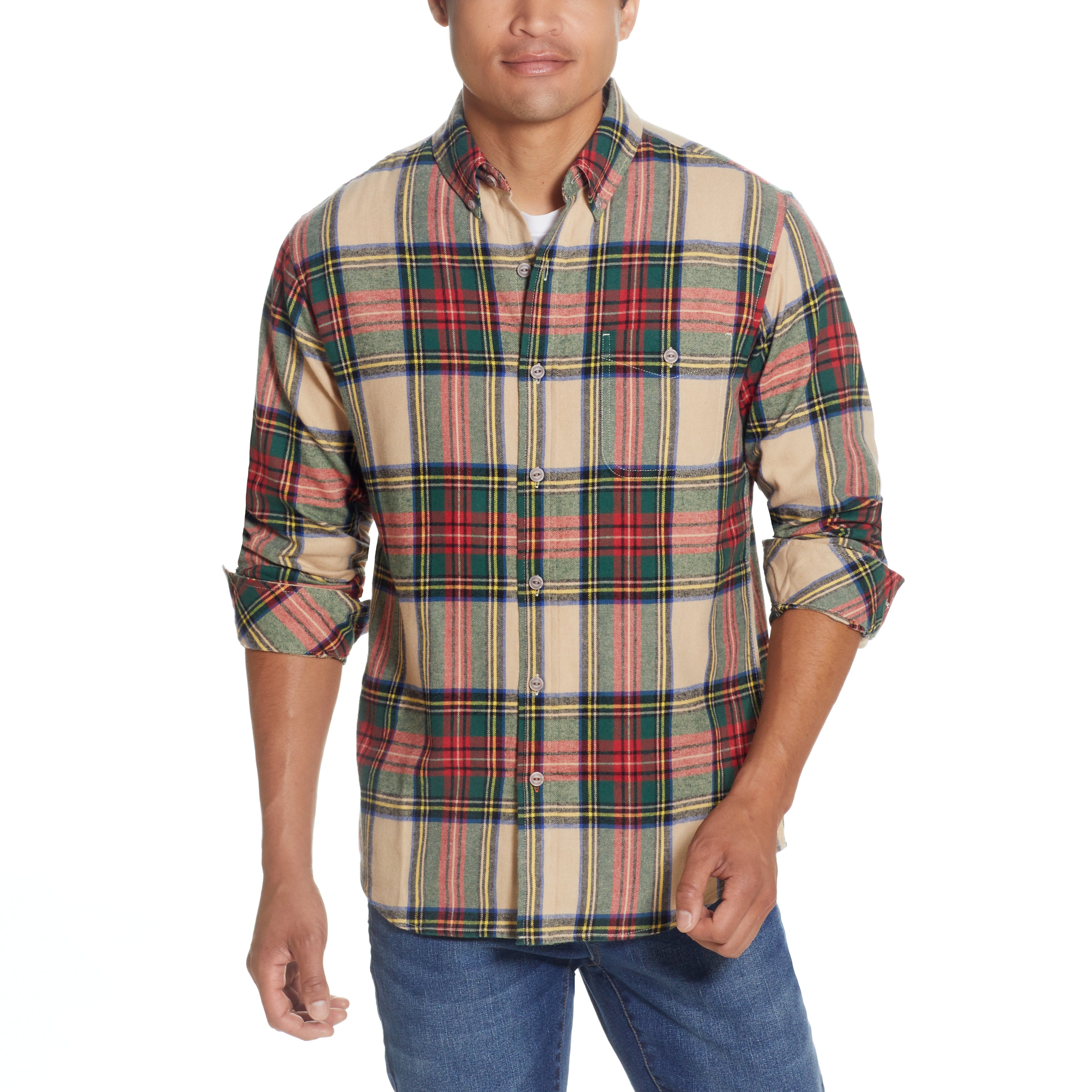 HOLIDAY ANTIQUE FLANNEL SHIRT in BEIGE worn by a model, featuring a plaid pattern and button-down design.