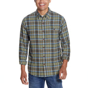 ANTIQUEM FLANNEL SHIRT in FENNEL displayed on a model, featuring a relaxed fit and button-down style.
