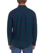 Back view of Holiday Antique Flannel Shirt In Deep Sea showcasing its plaid design and relaxed fit.