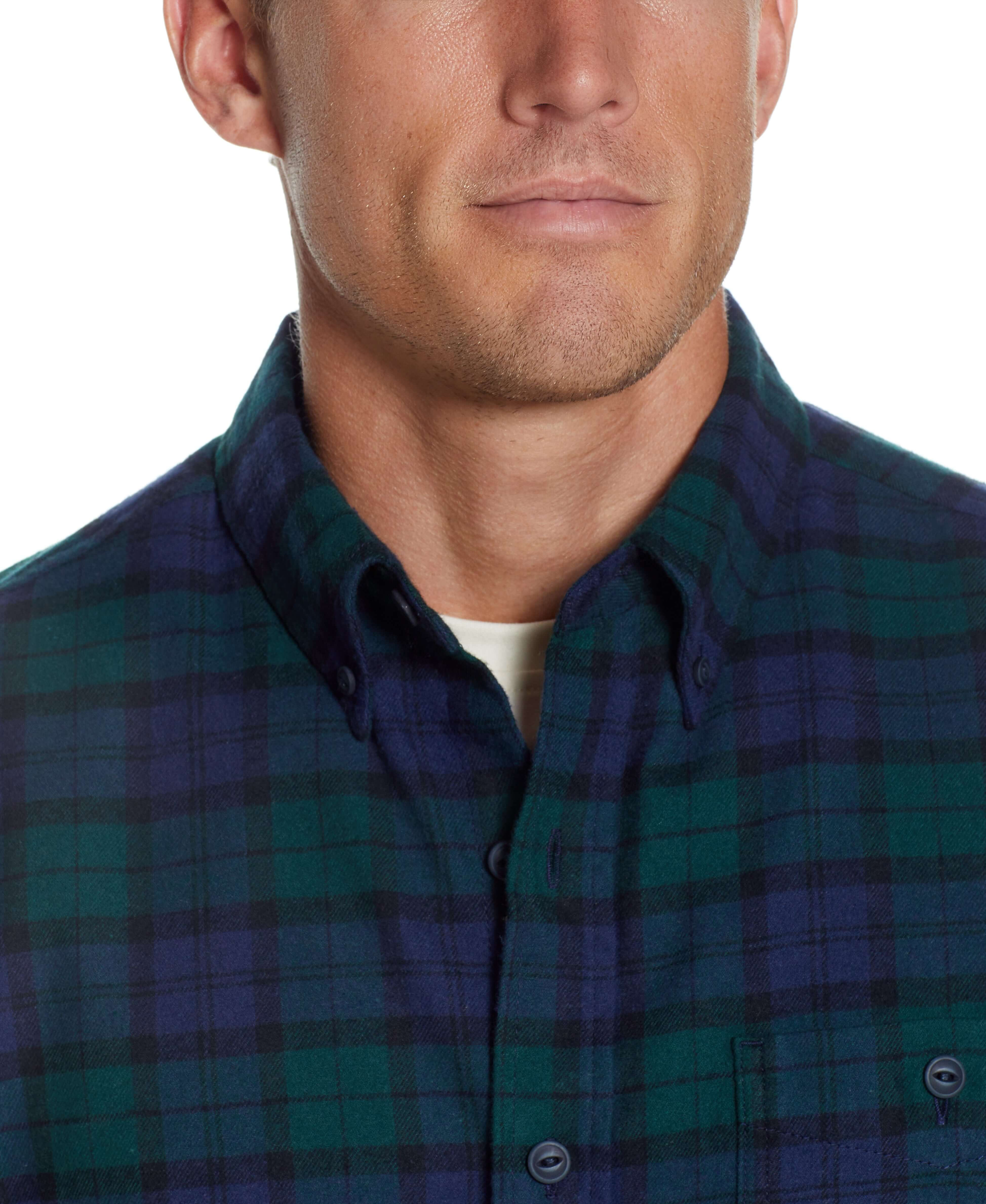 Holiday Antique Flannel Shirt In Deep Sea close-up showing button down collar and relaxed fit.