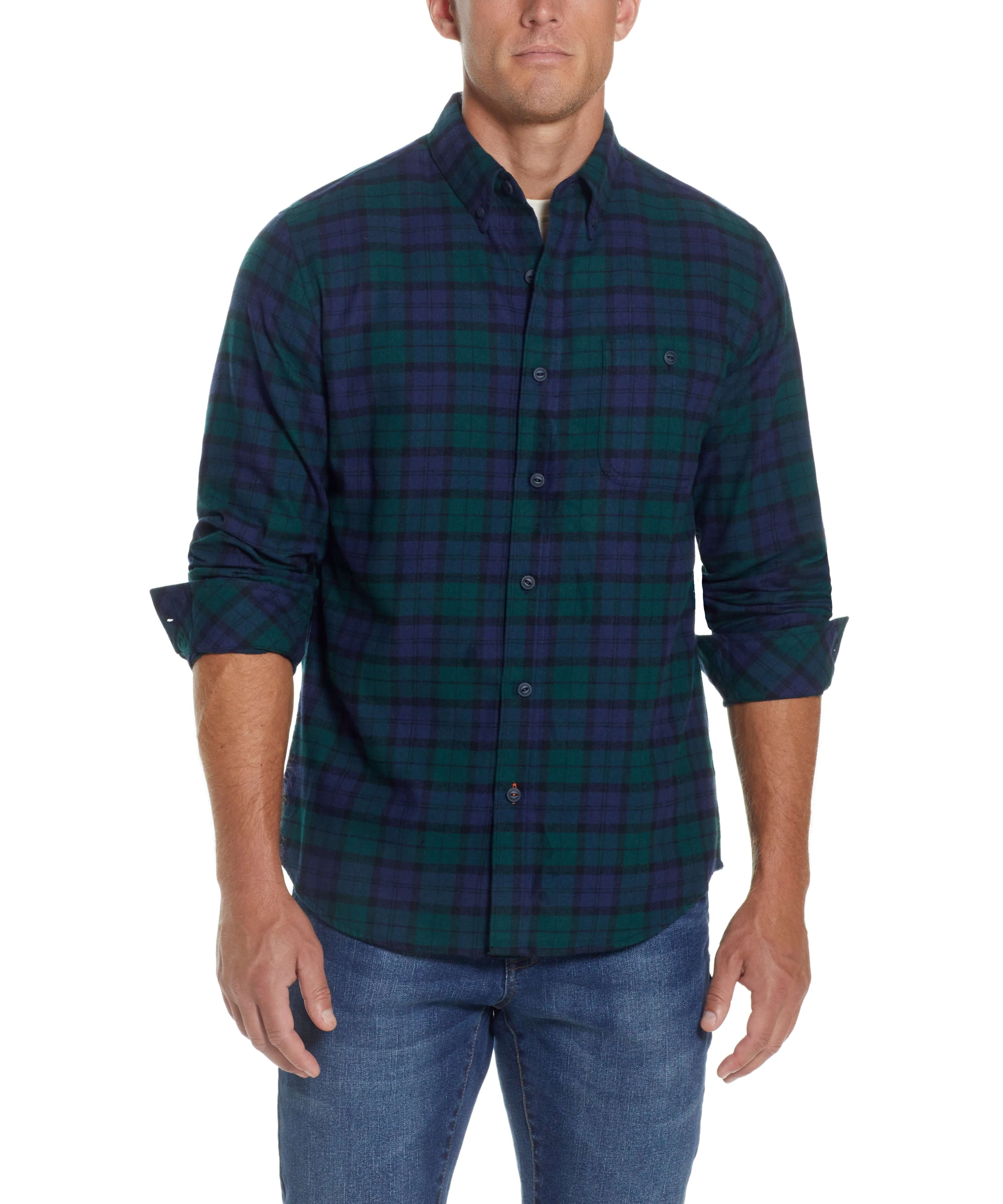Holiday Antique Flannel Shirt In Deep Sea on a model, featuring a relaxed fit and button front closure.