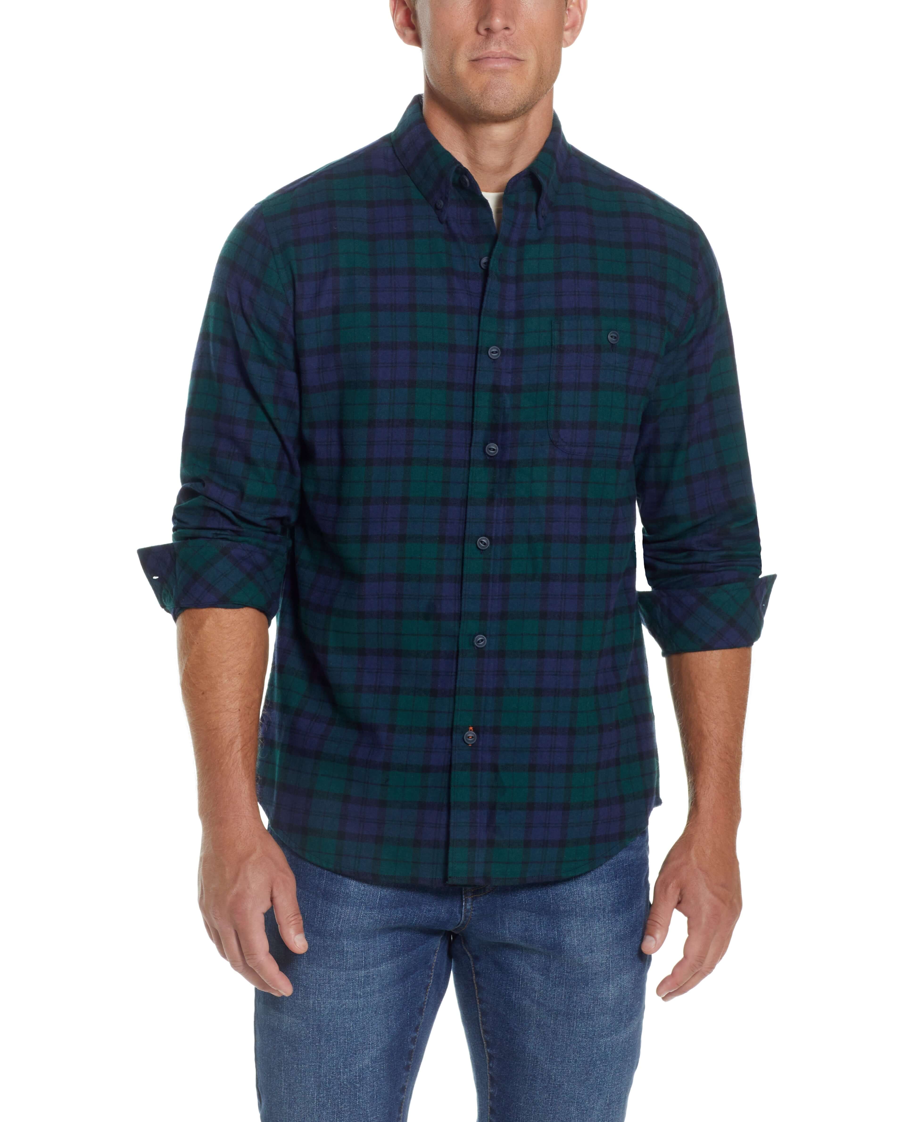 Holiday Antique Flannel Shirt In Deep Sea on a model, featuring a relaxed fit and button front closure.