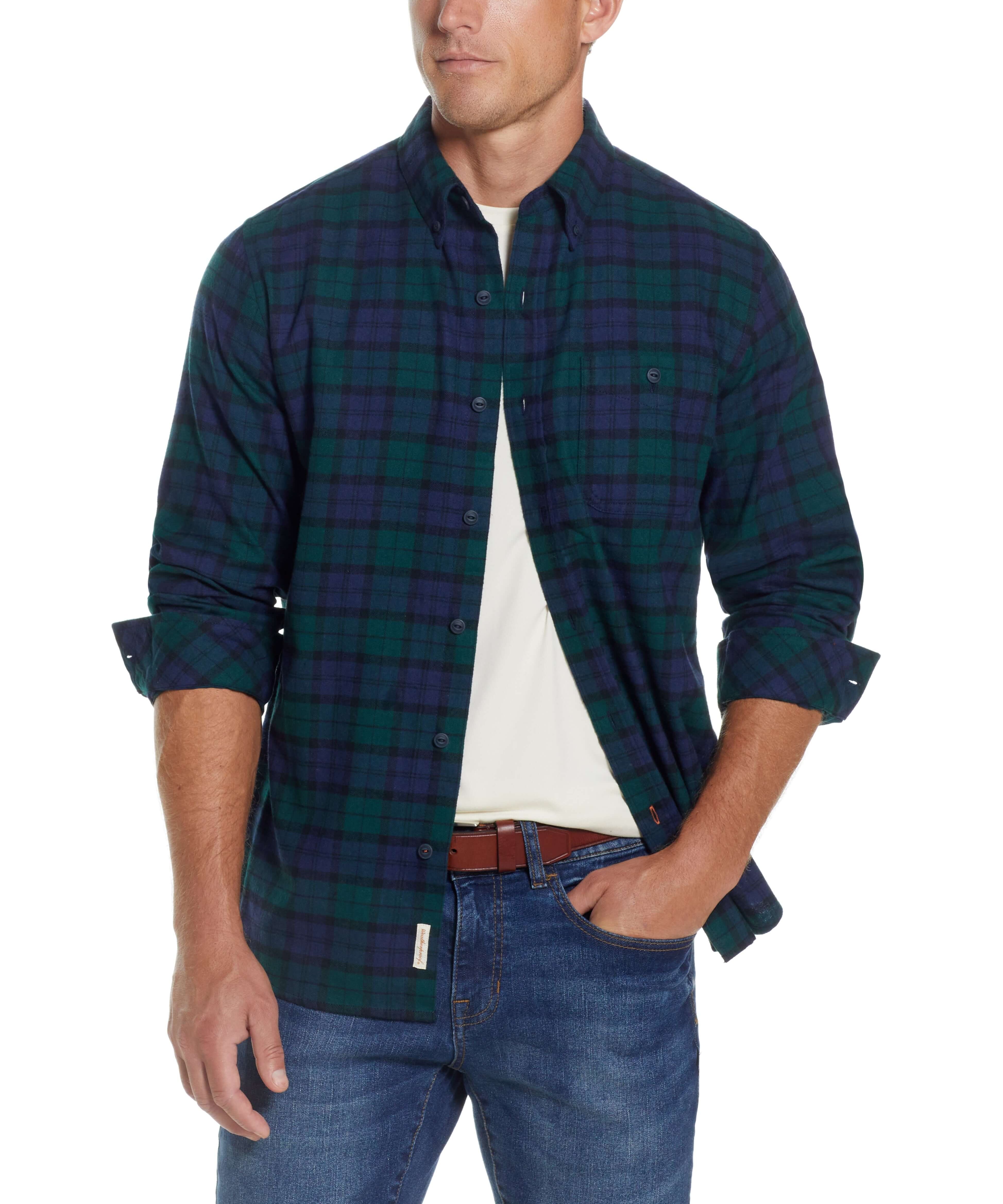 Holiday Antique Flannel Shirt In Deep Sea displayed on a model, showcasing its button down style and relaxed fit.