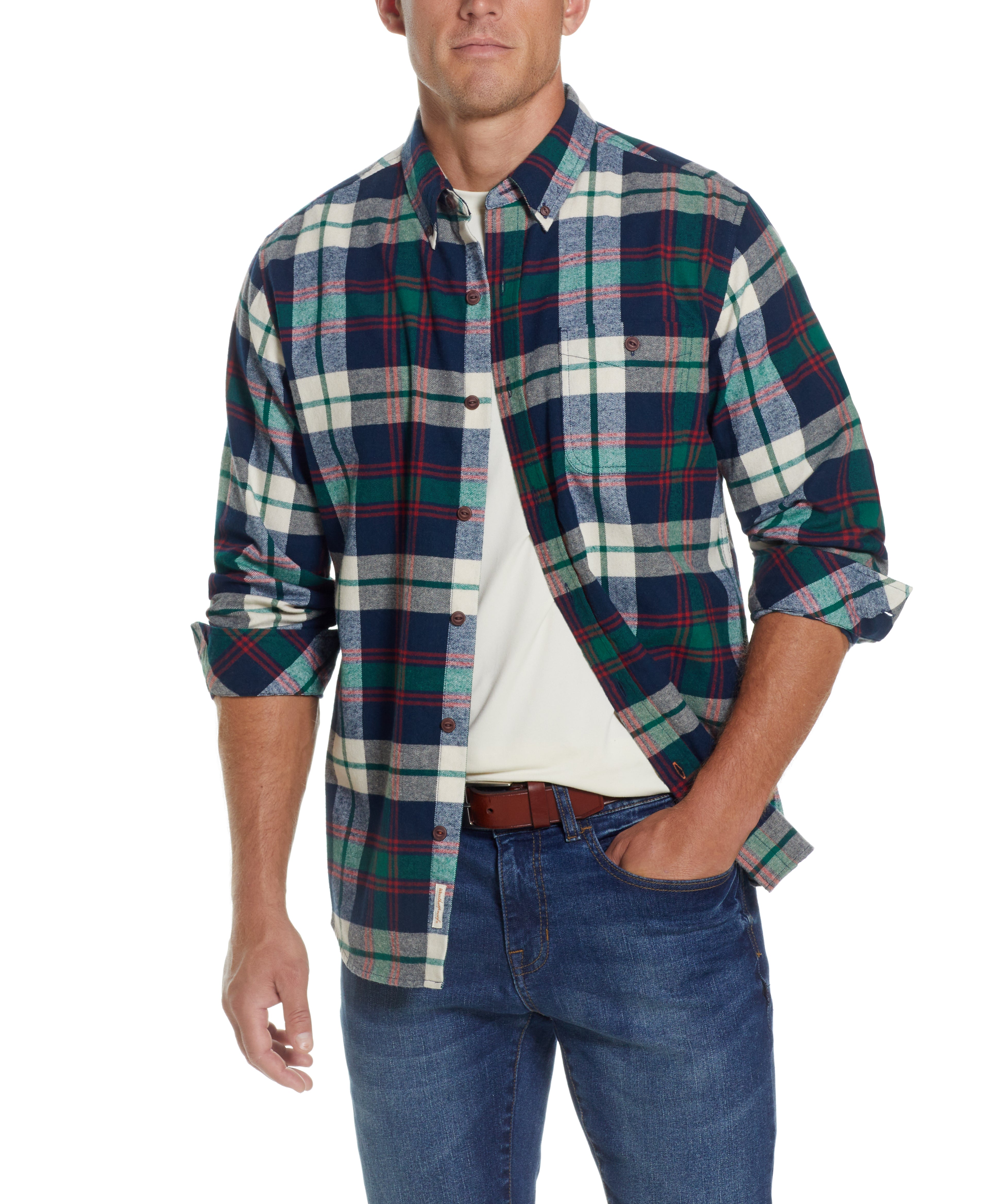 Holiday Antique Flannel Shirt In Duffel Bag model wearing button-down plaid flannel shirt with relaxed fit.