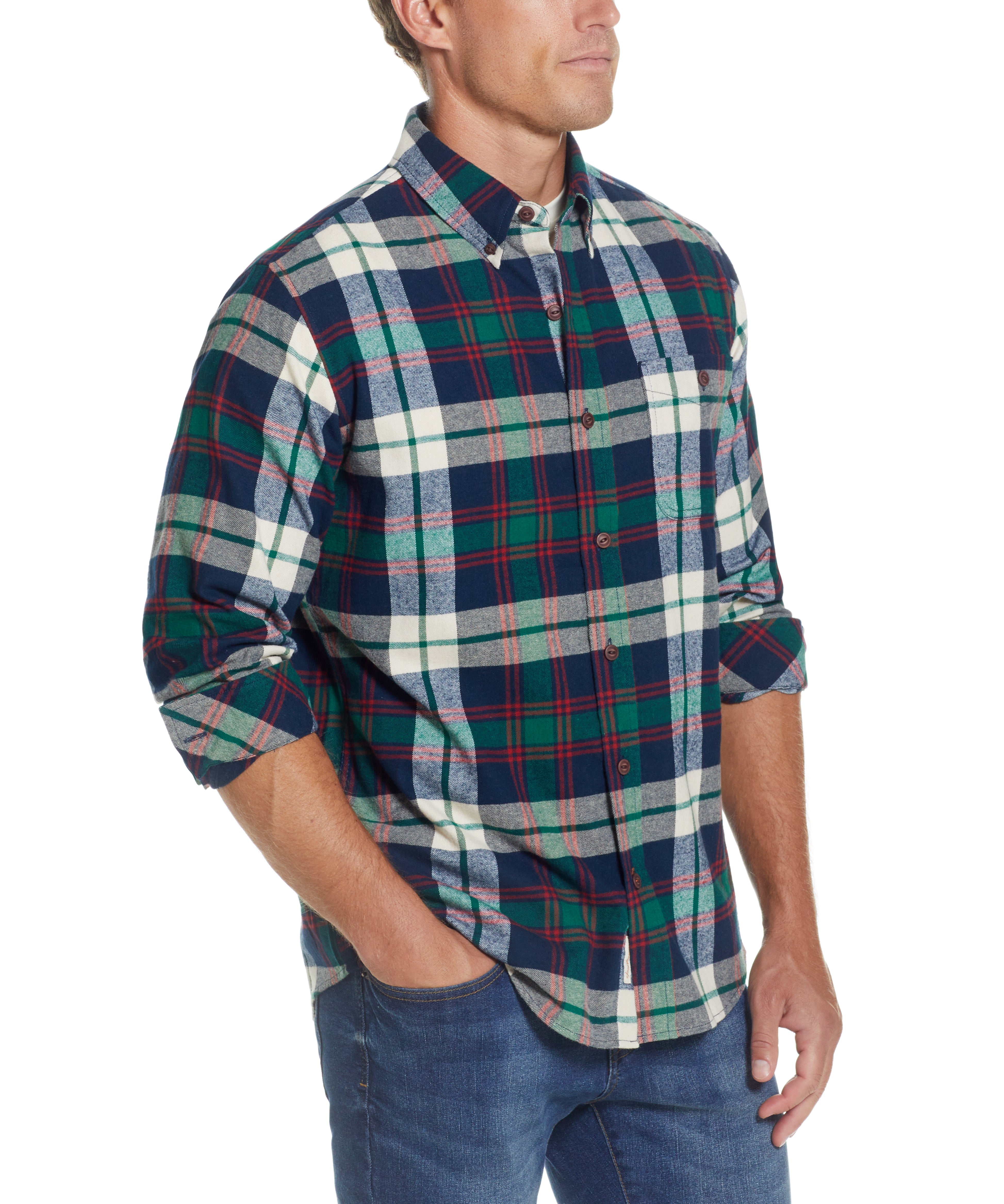 Holiday Antique Flannel Shirt In Duffel Bag modeled by man, button down style in plaid design.
