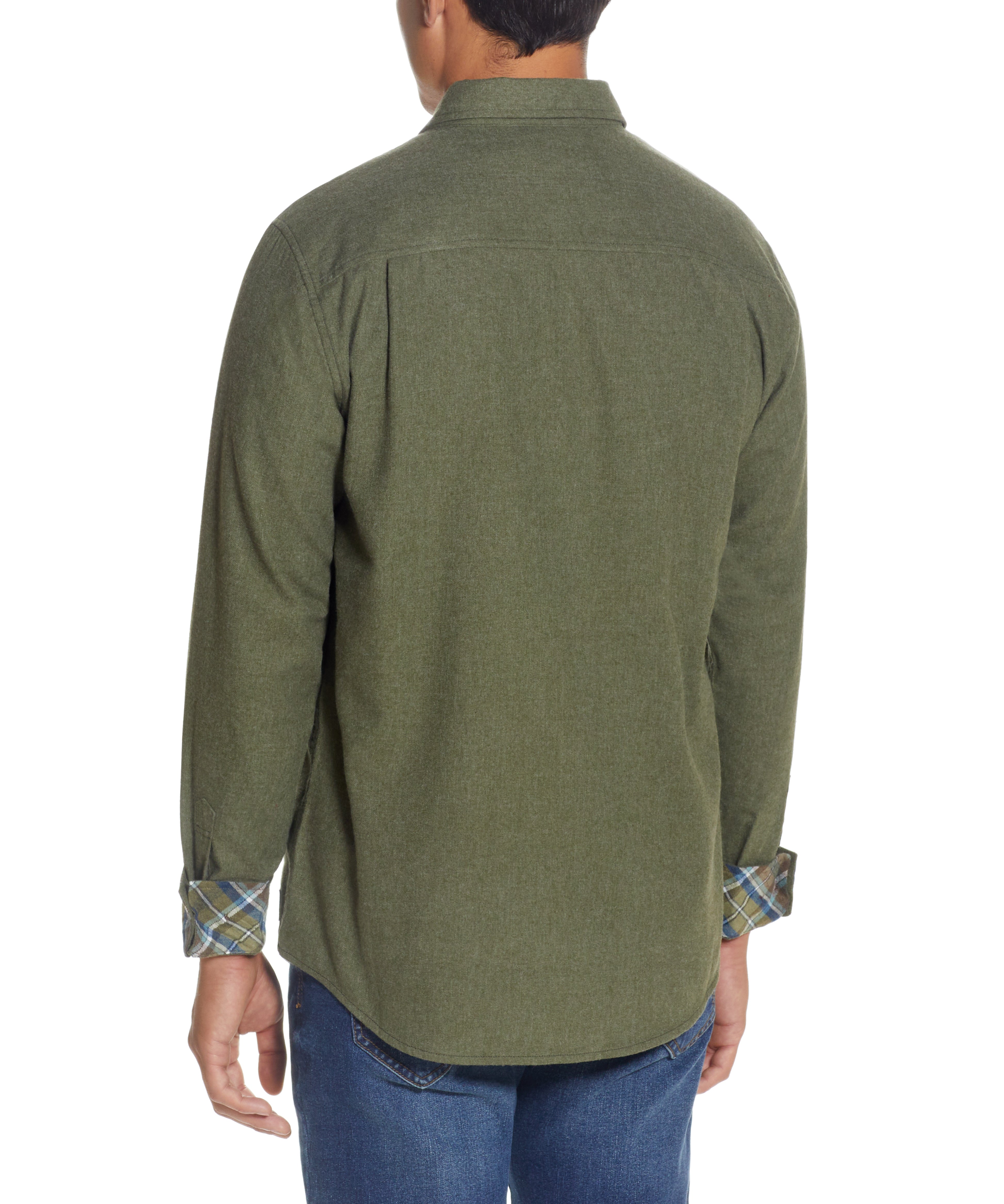 Back view of a model wearing a BRUSHED ANTIQUE SOLID FLANNEL SHIRT in DEEP OLIVE, showing buttoned barrel cuffs.