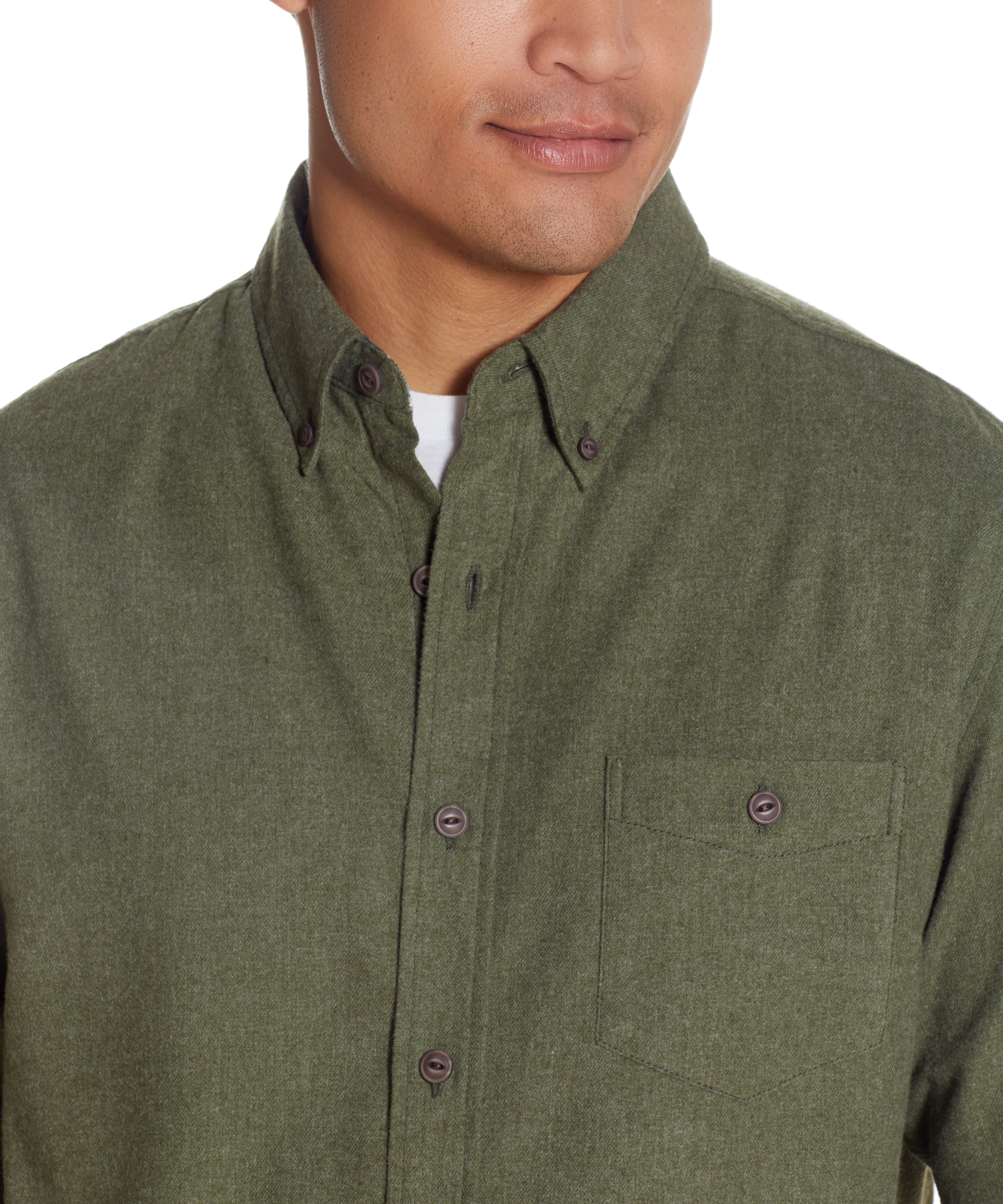 BRUSHED ANTIQUE SOLID FLANNEL SHIRT in DEEP OLIVE modeled by a man, featuring a button down collar and chest pocket.