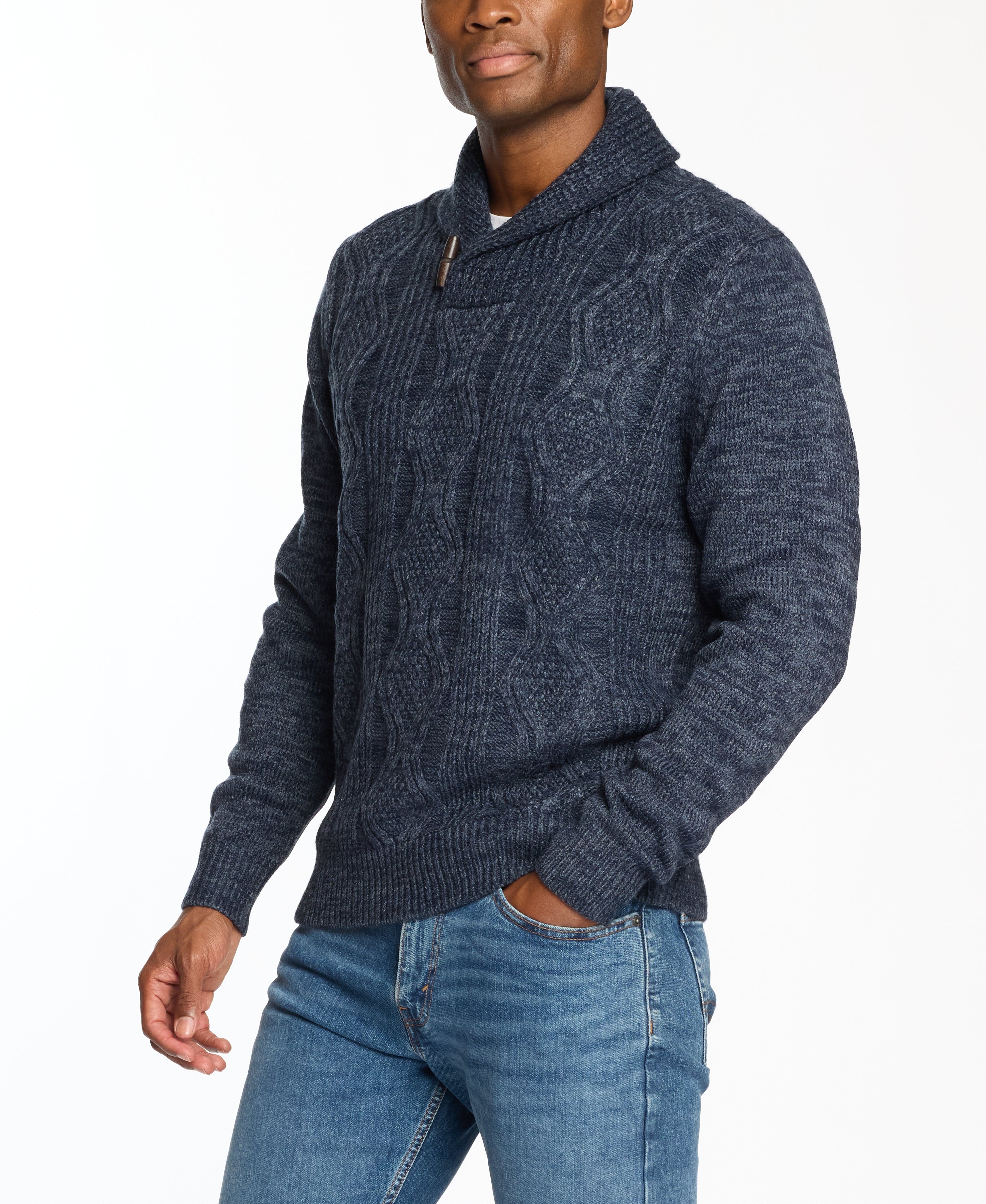Fisherman Shawl Collar Sweater in Dark Denim Heather