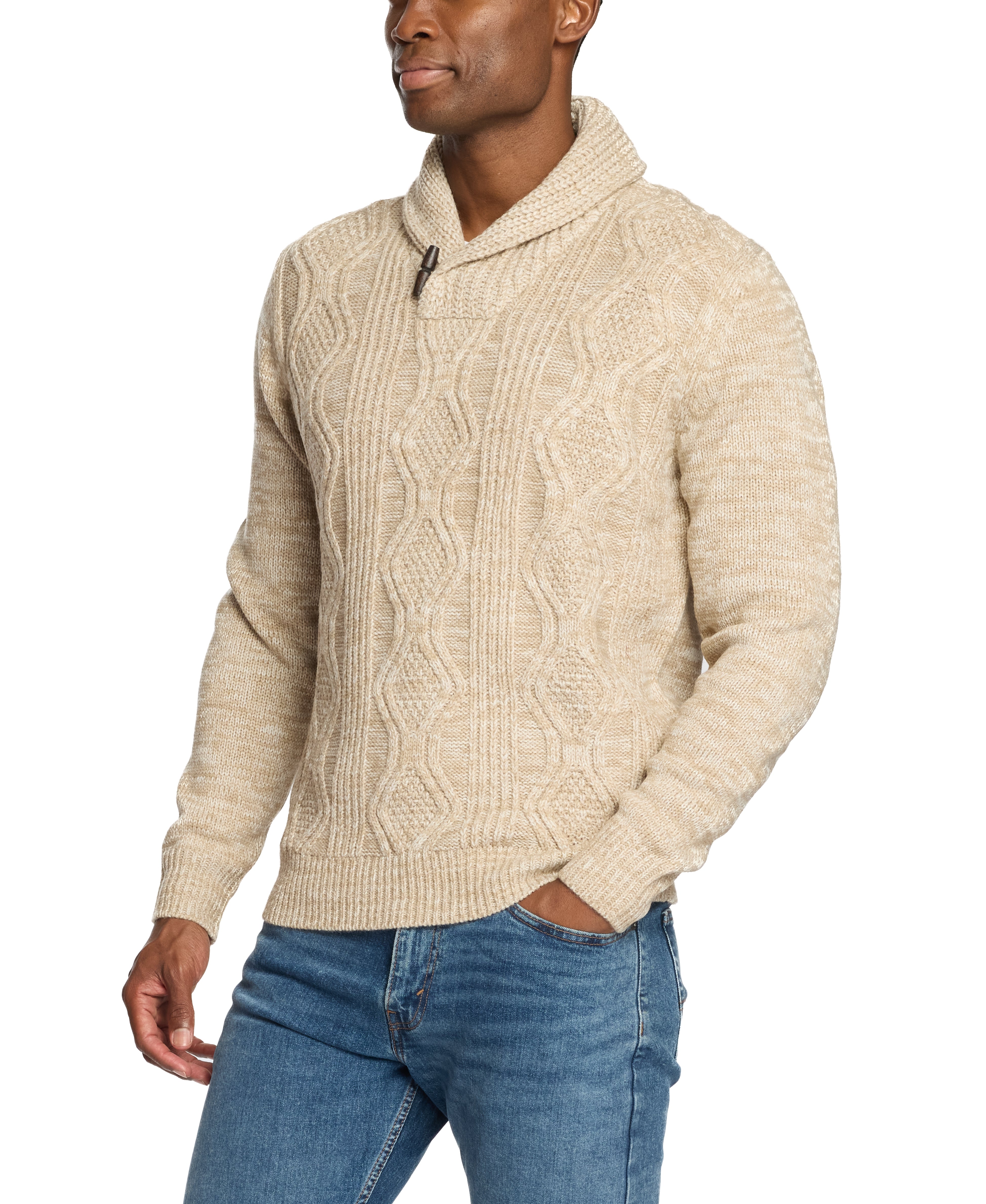 Fisherman Shawl Collar Sweater in Light Khaki