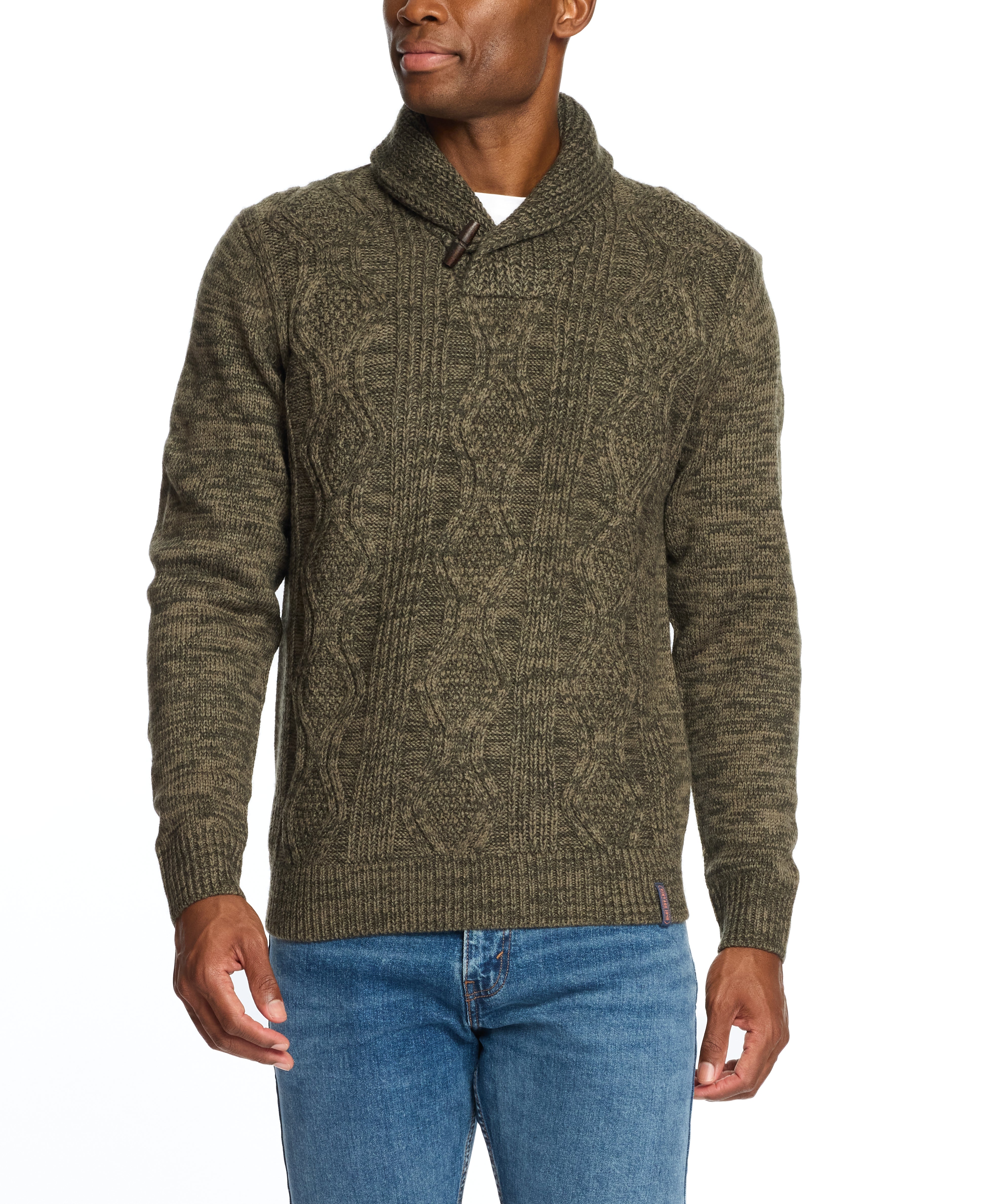 Fisherman Shawl Collar Sweater in Light Olive