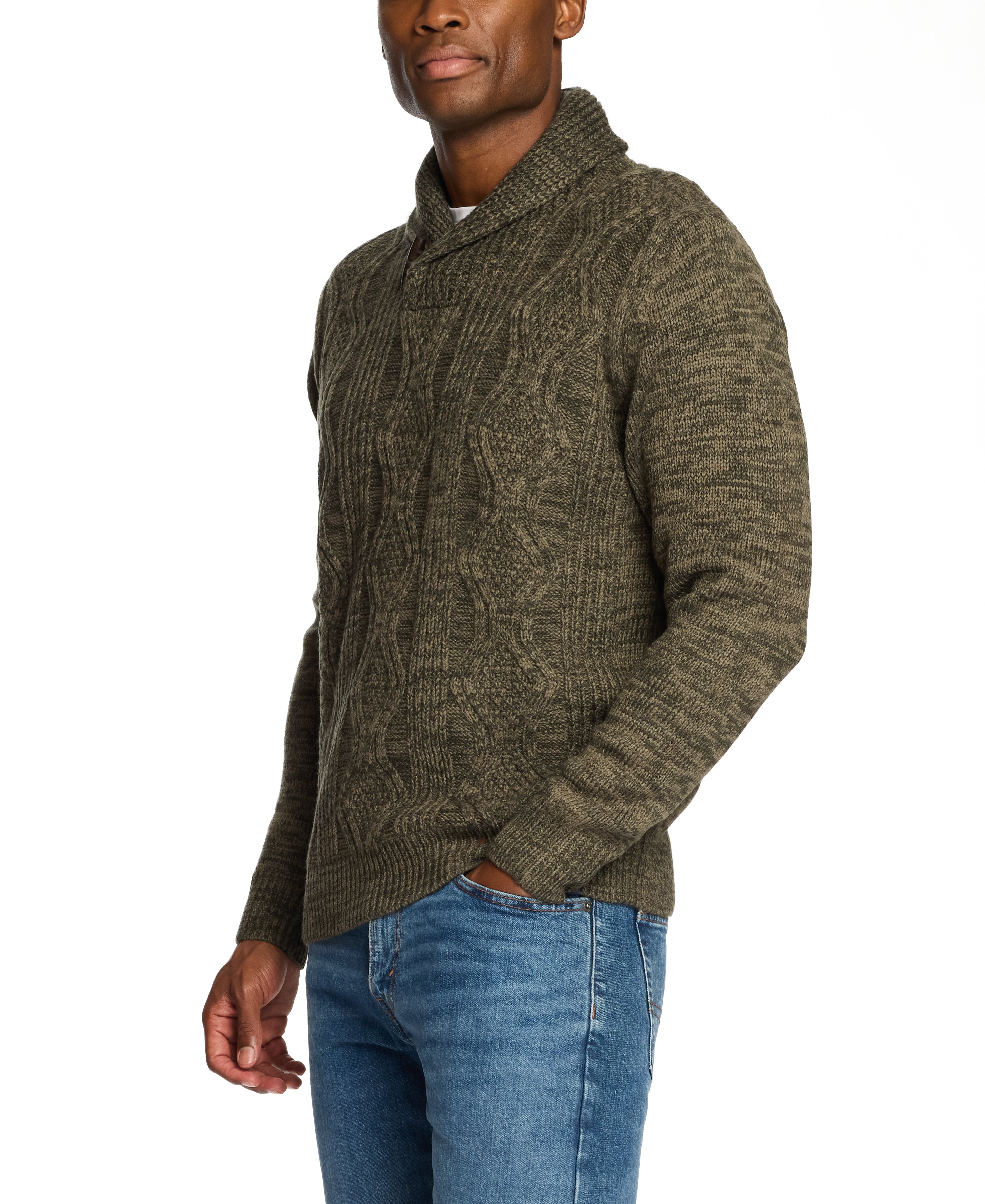 Fisherman Shawl Collar Sweater in Light Olive