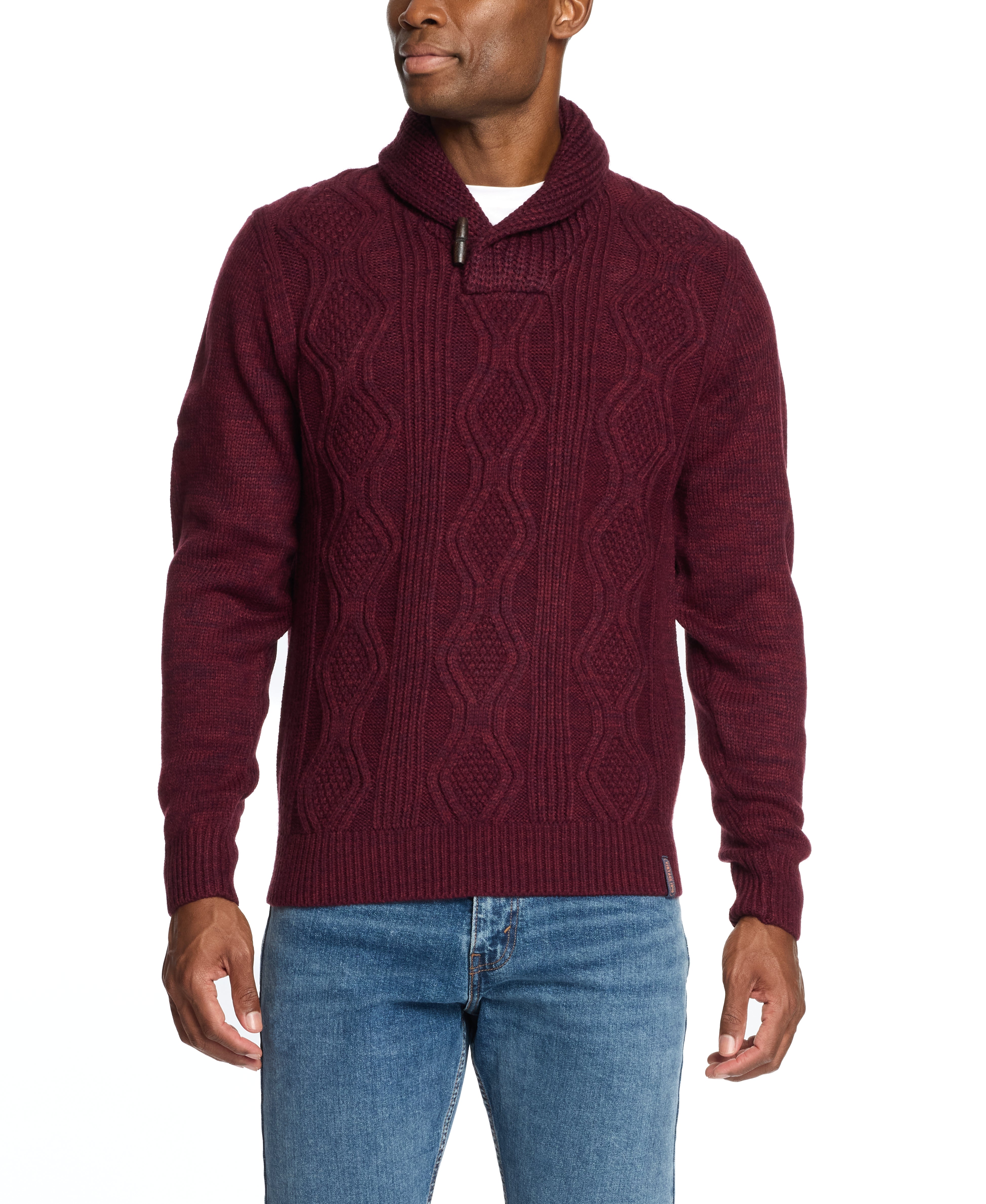 Fisherman Shawl Collar Sweater in Ruby