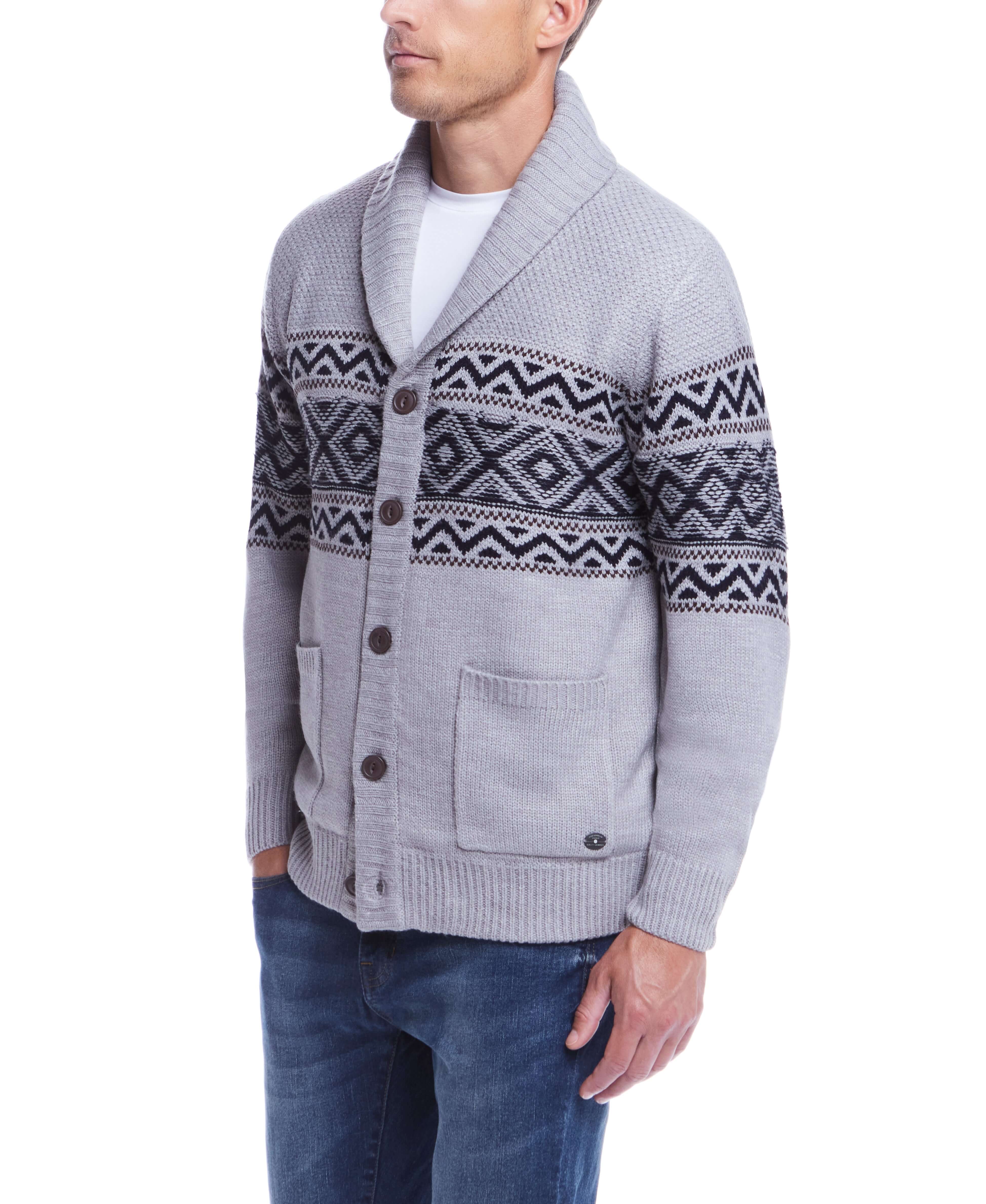 Sherpa Lined Jacquard Sweater Jacket In Grey Heather Weatherproof Vintage