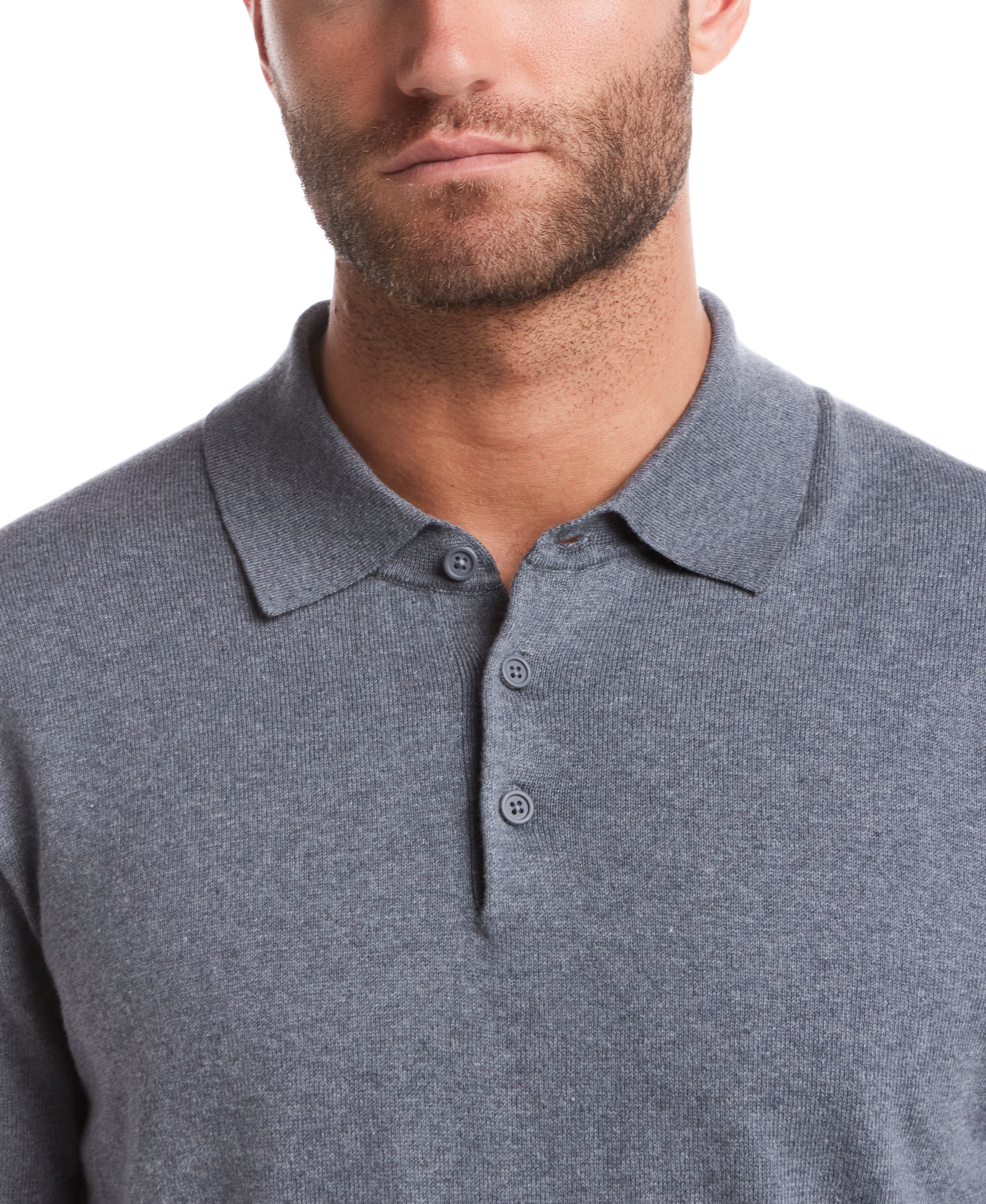 Cotton Cashmere Long Sleeve Polo In Medium Grey Heather