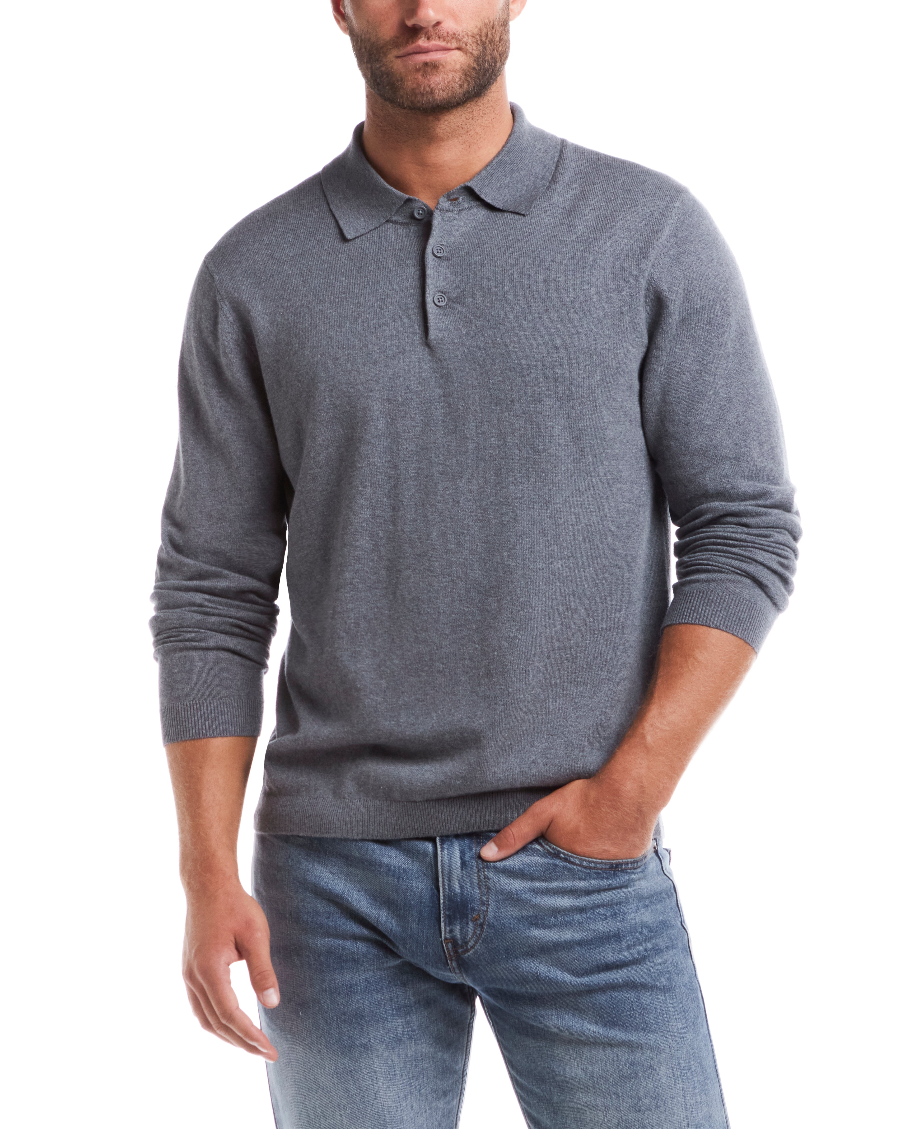 Cotton Cashmere Long Sleeve Polo In Medium Grey Heather
