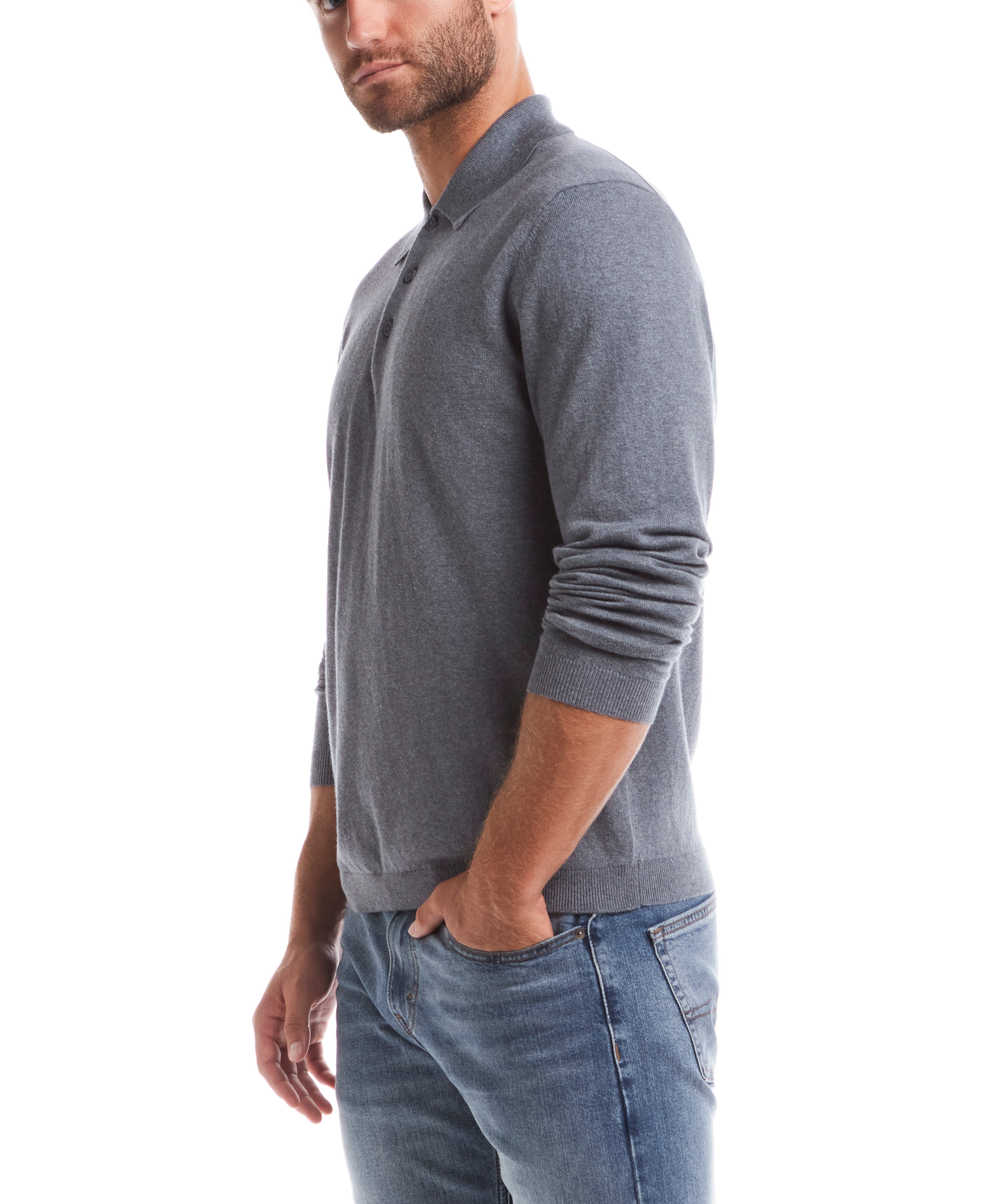 Cotton Cashmere Long Sleeve Polo In Medium Grey Heather