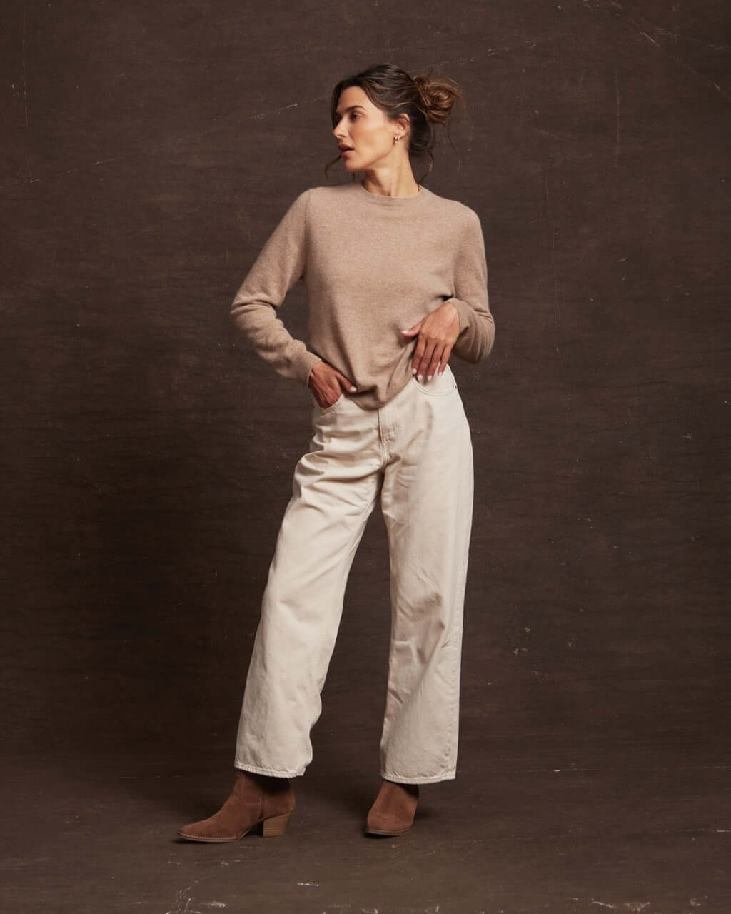 Women's Cashmere Long Sleeve Solid Crew In Taupe Heather