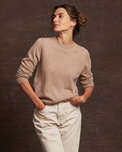 Women's Cashmere Long Sleeve Solid Crew In Taupe Heather