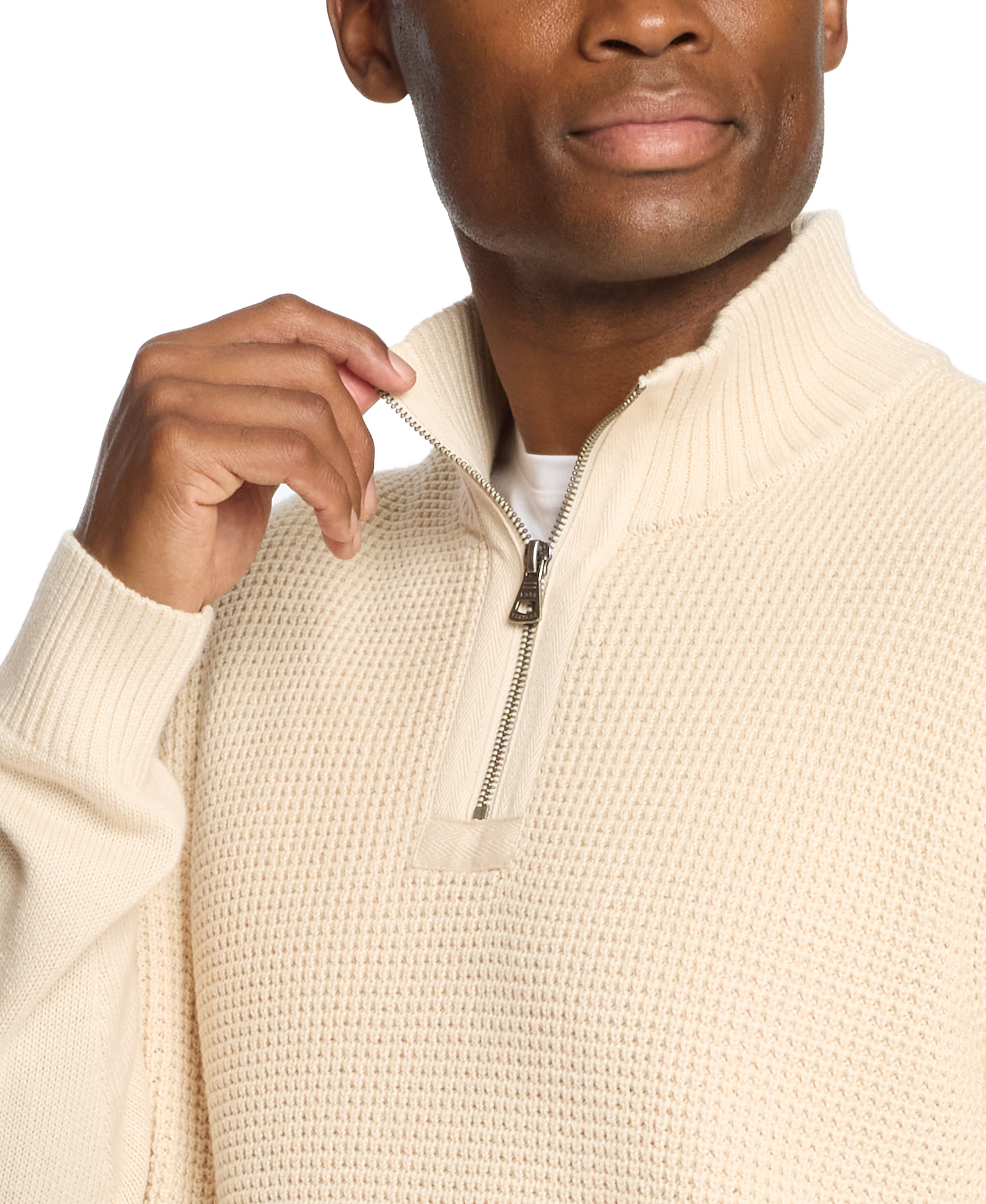 Waffle Texture Quarter Zip Sweater in Ecru