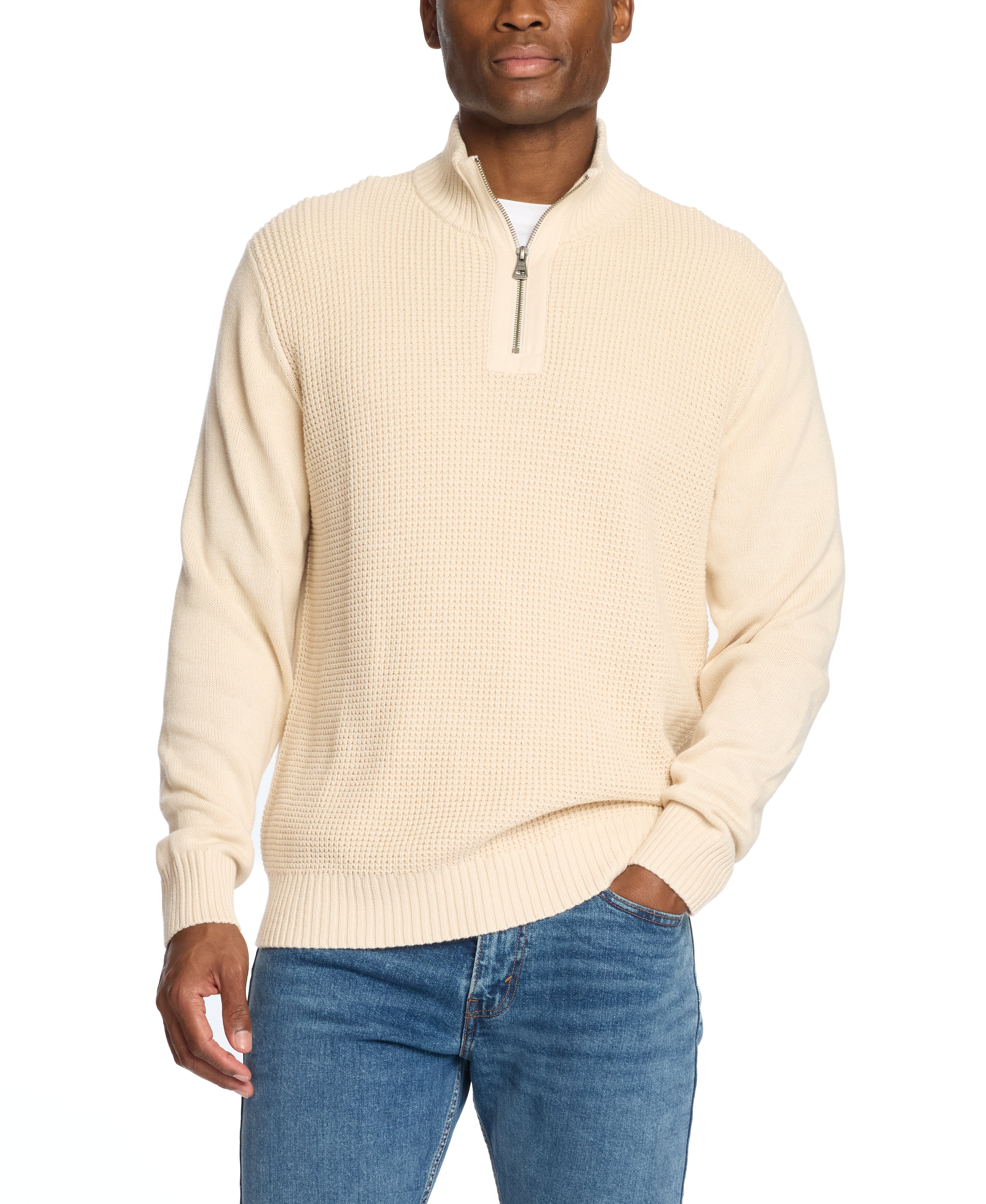 Waffle Texture Quarter Zip Sweater in Ecru