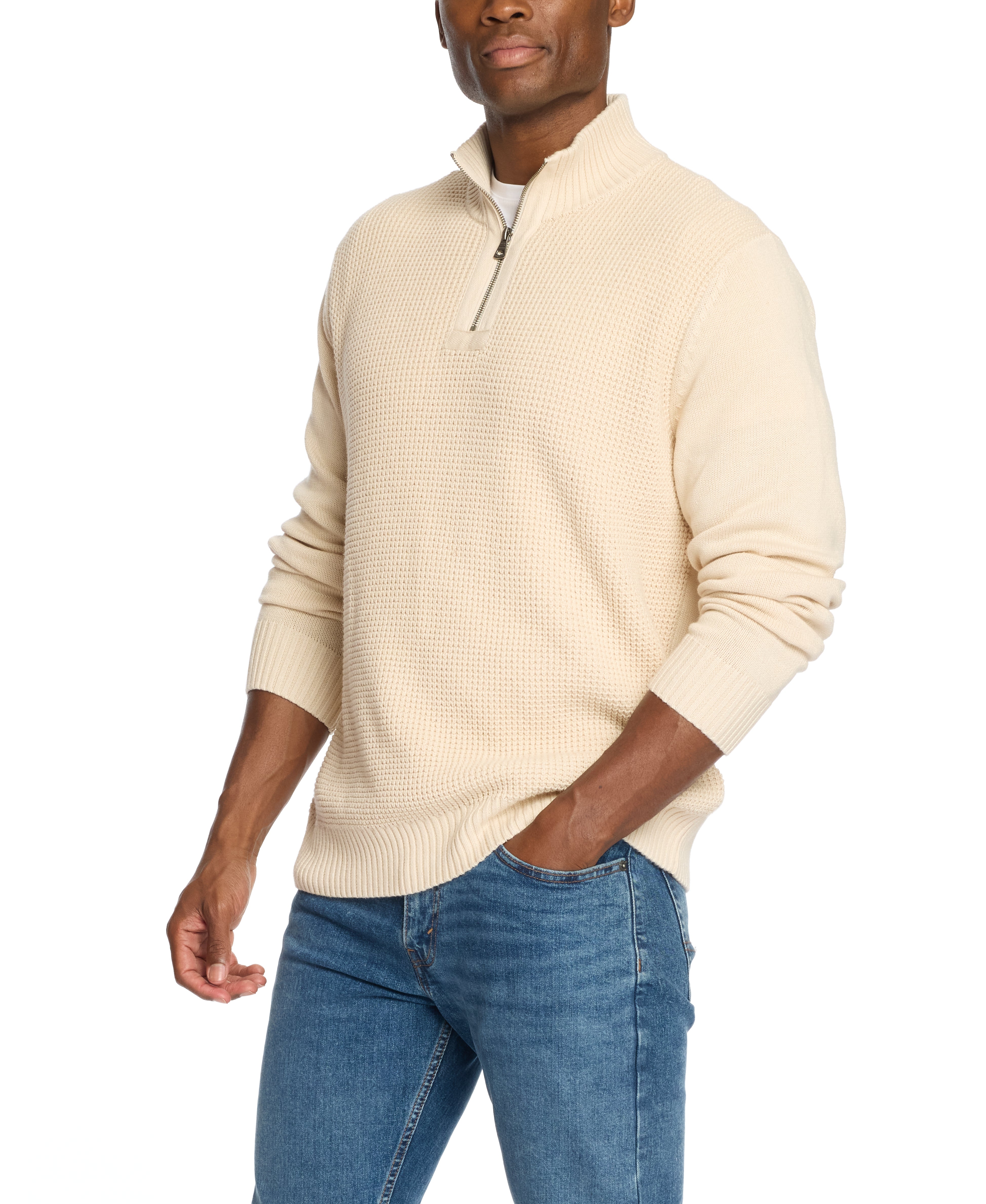 Waffle Texture Quarter Zip Sweater in Ecru