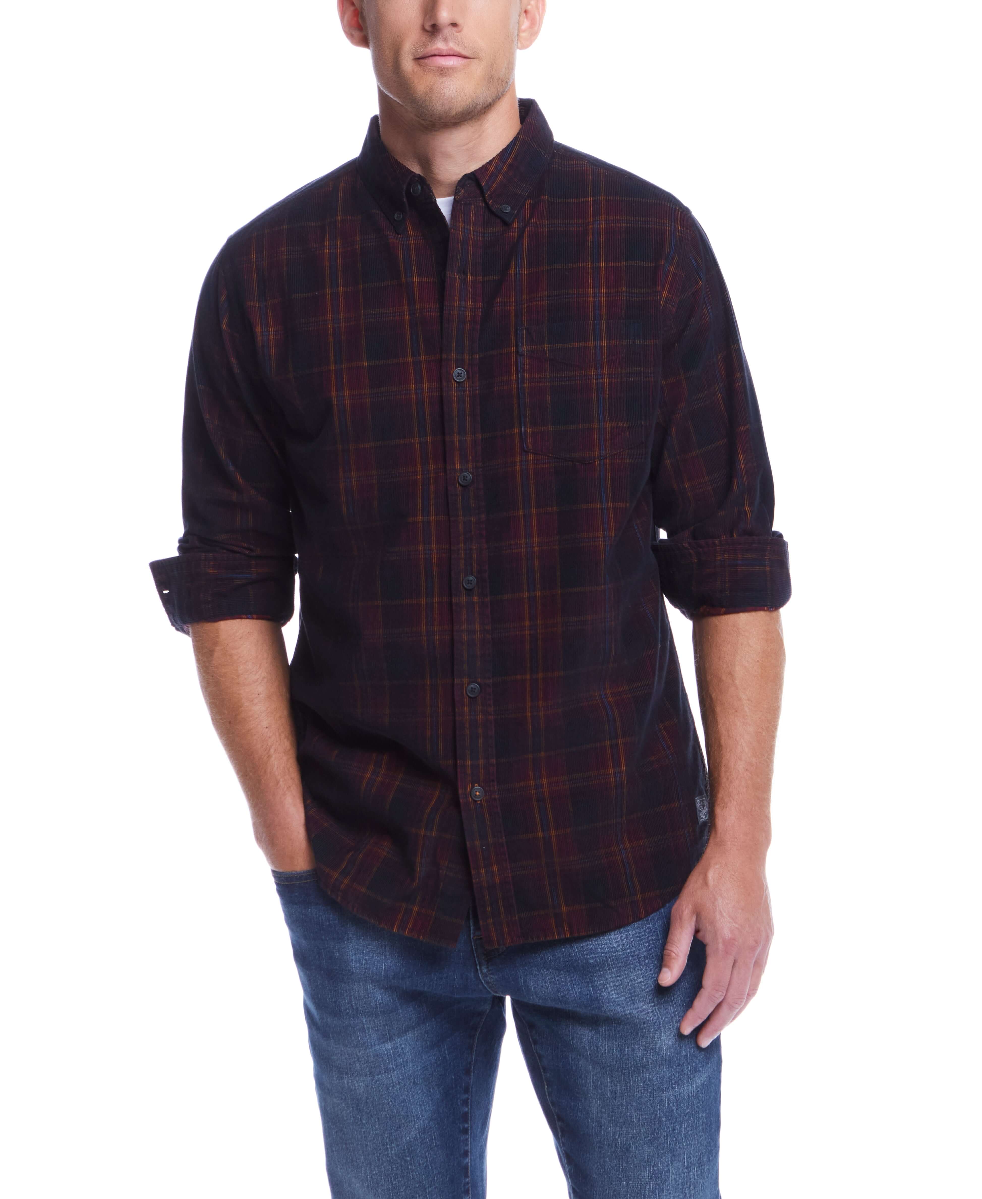 Long Sleeve Plaid Cord Shirt In Burgundy