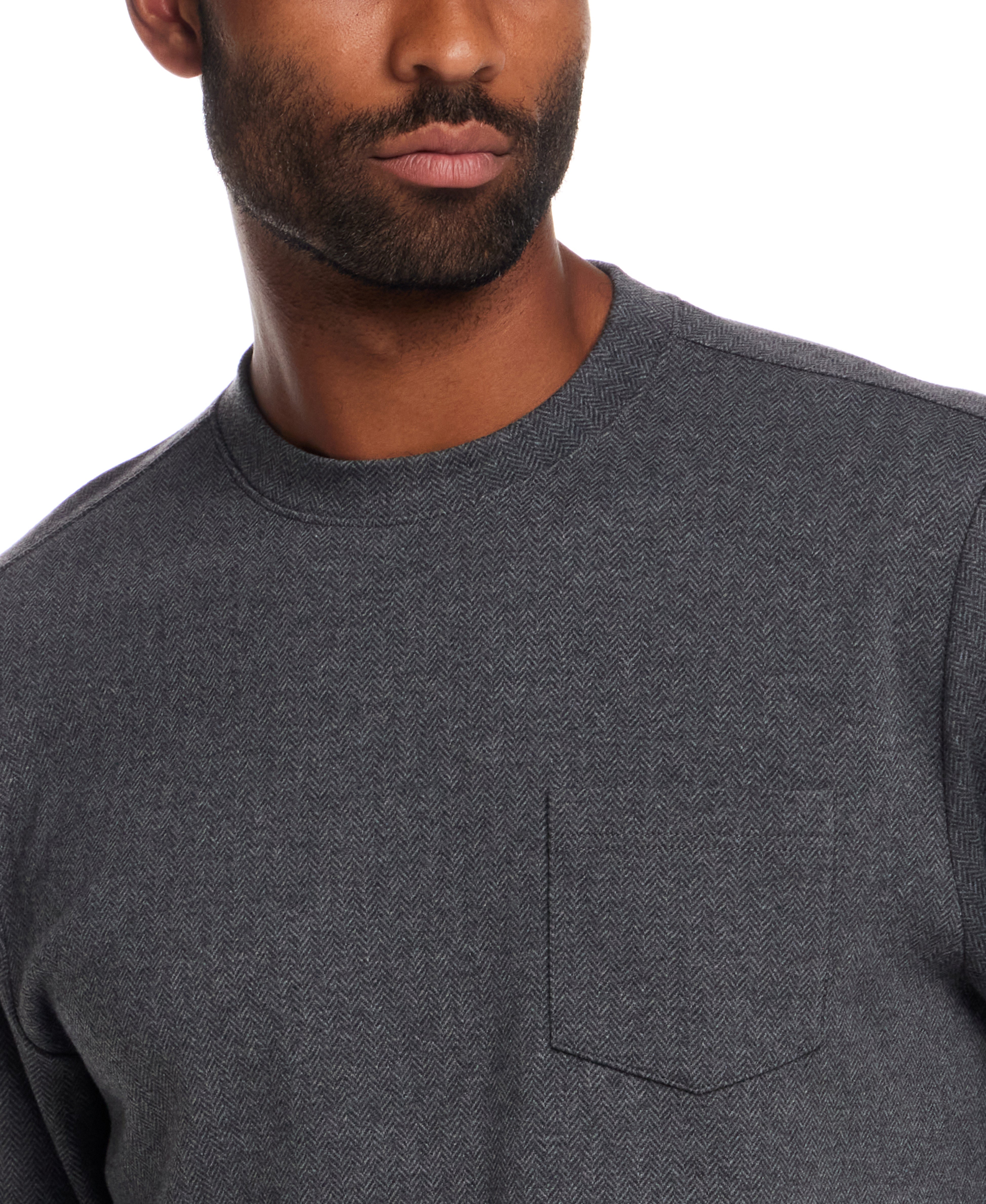 Long Sleeve Brushed Herringbone Crew in Charcoal featuring herringbone knit texture and chest pocket.