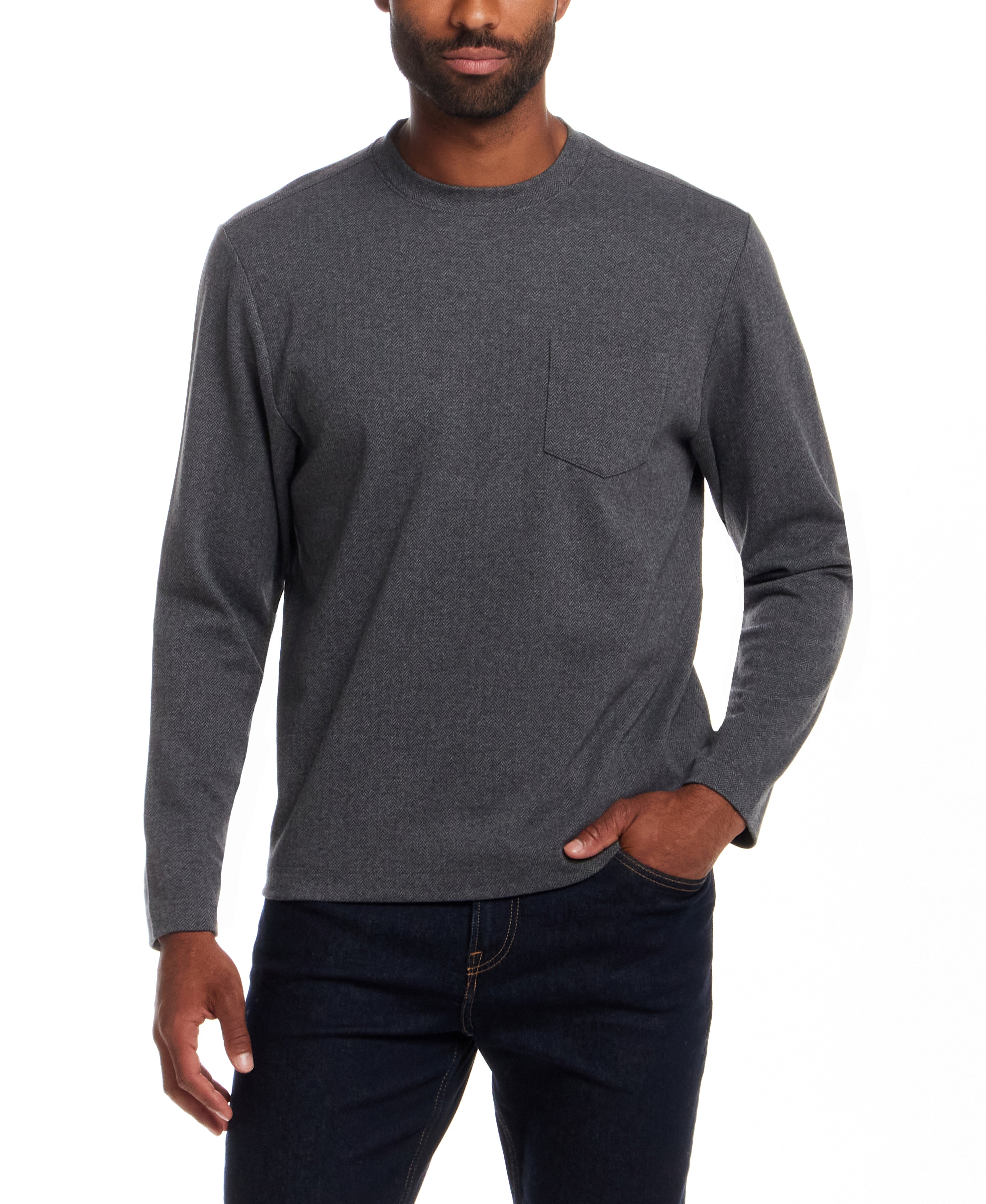 Long Sleeve Brushed Herringbone Crew in Charcoal worn by a model with a chest pocket and crew neck.