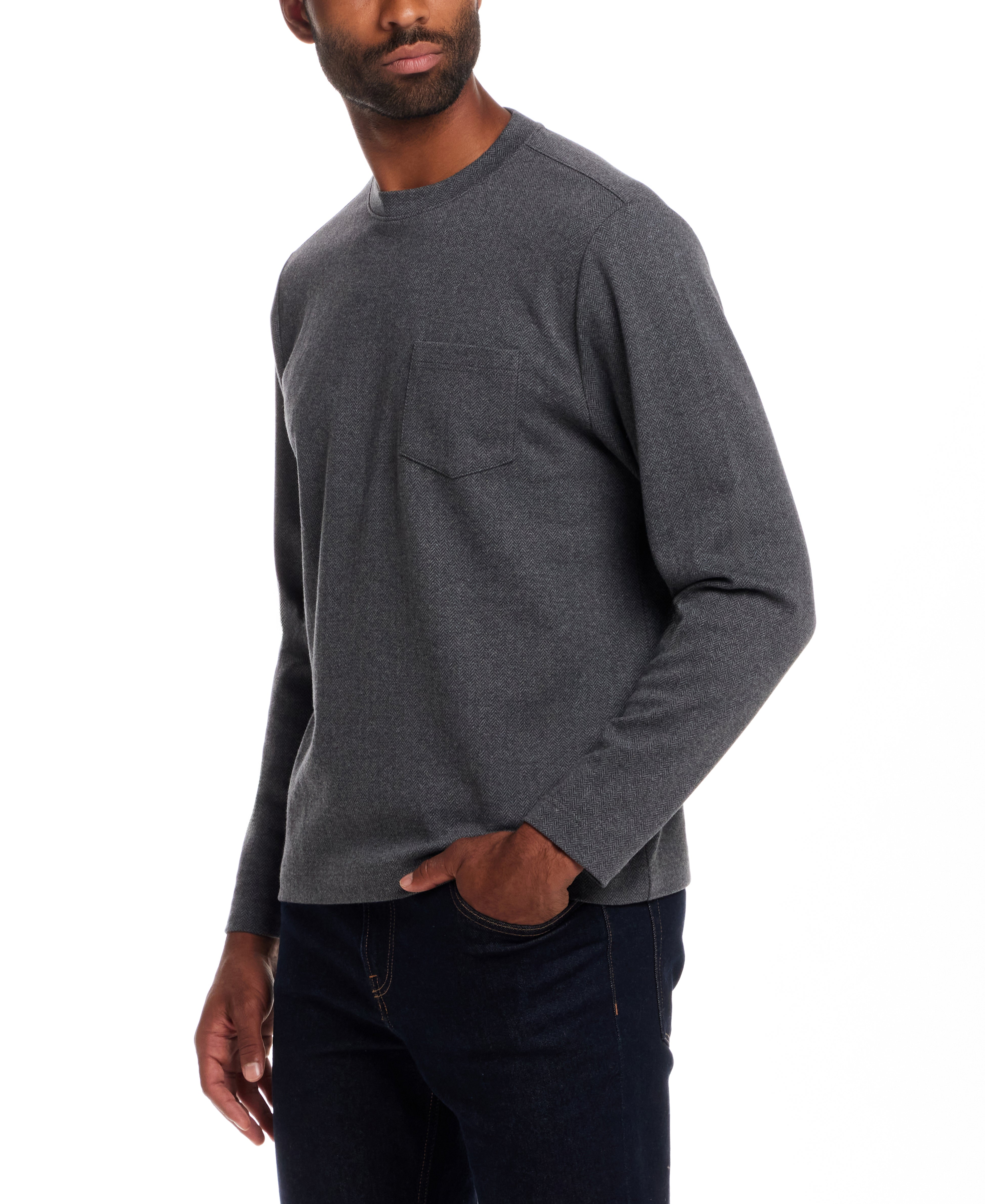 Long Sleeve Brushed Herringbone Crew in Charcoal
