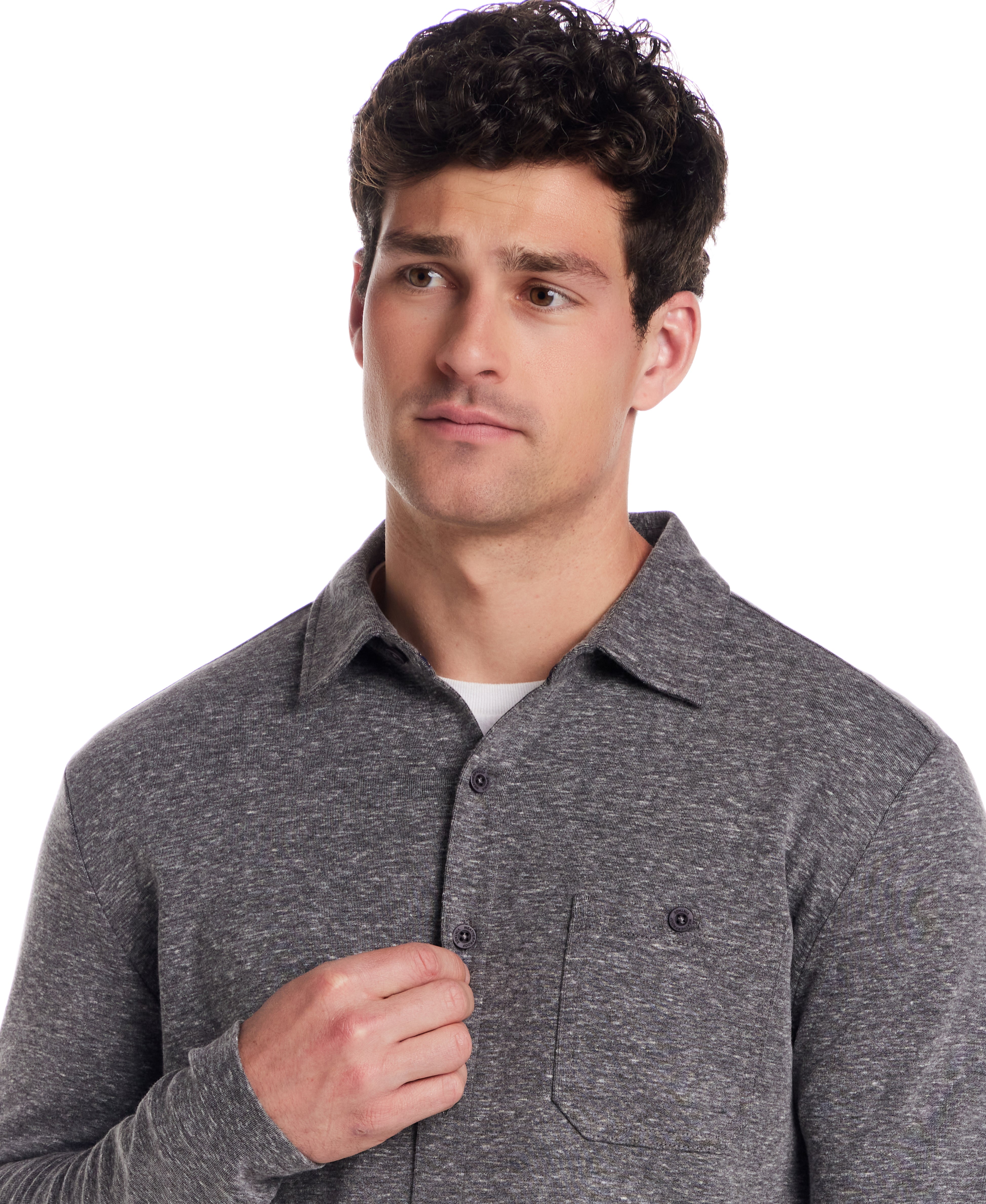 Long Sleeve Heathered Coatfront Knit in Moonless Night