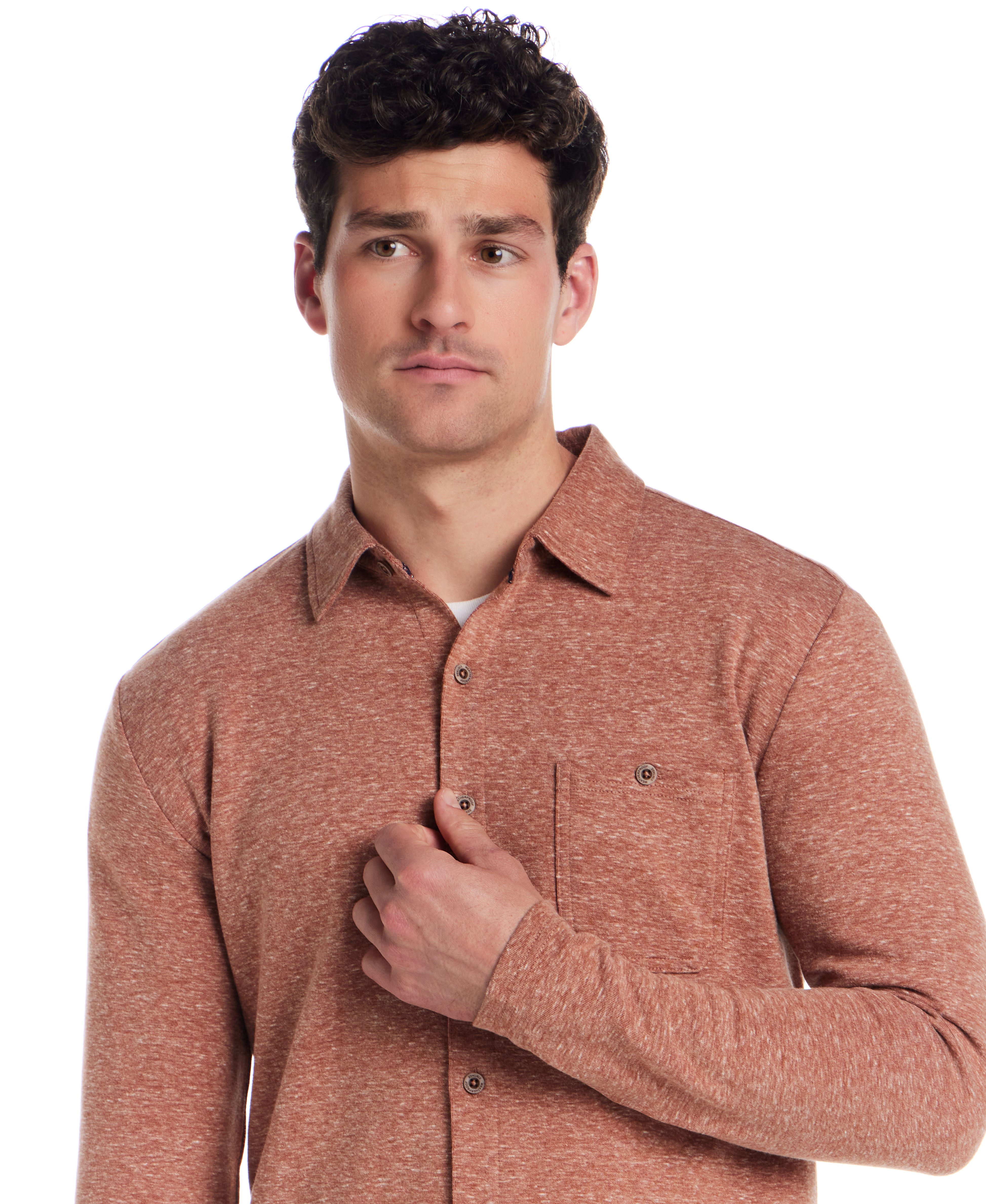 Long Sleeve Heathered Coatfront Knit in Ginger