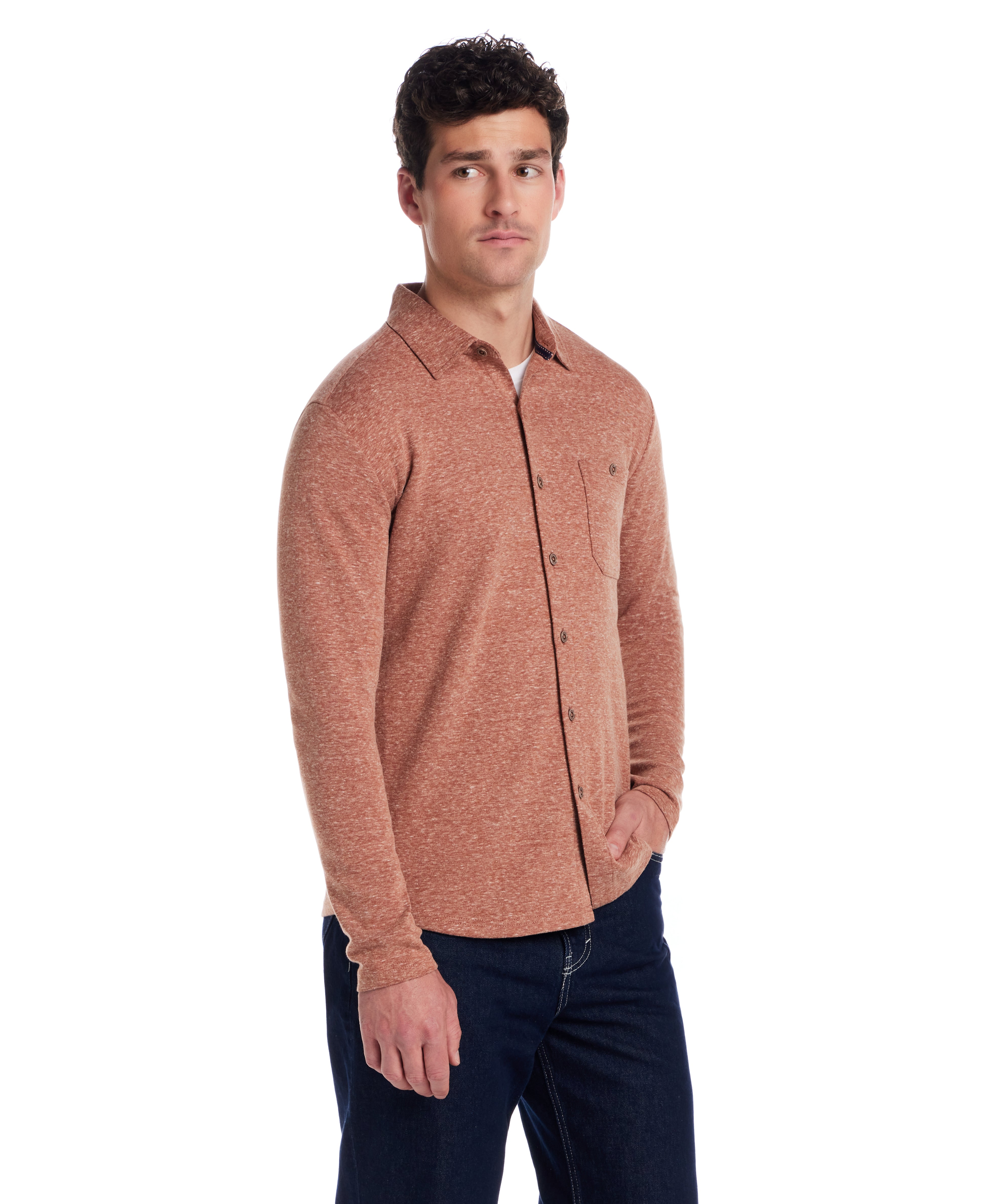 Long Sleeve Heathered Coatfront Knit in Ginger