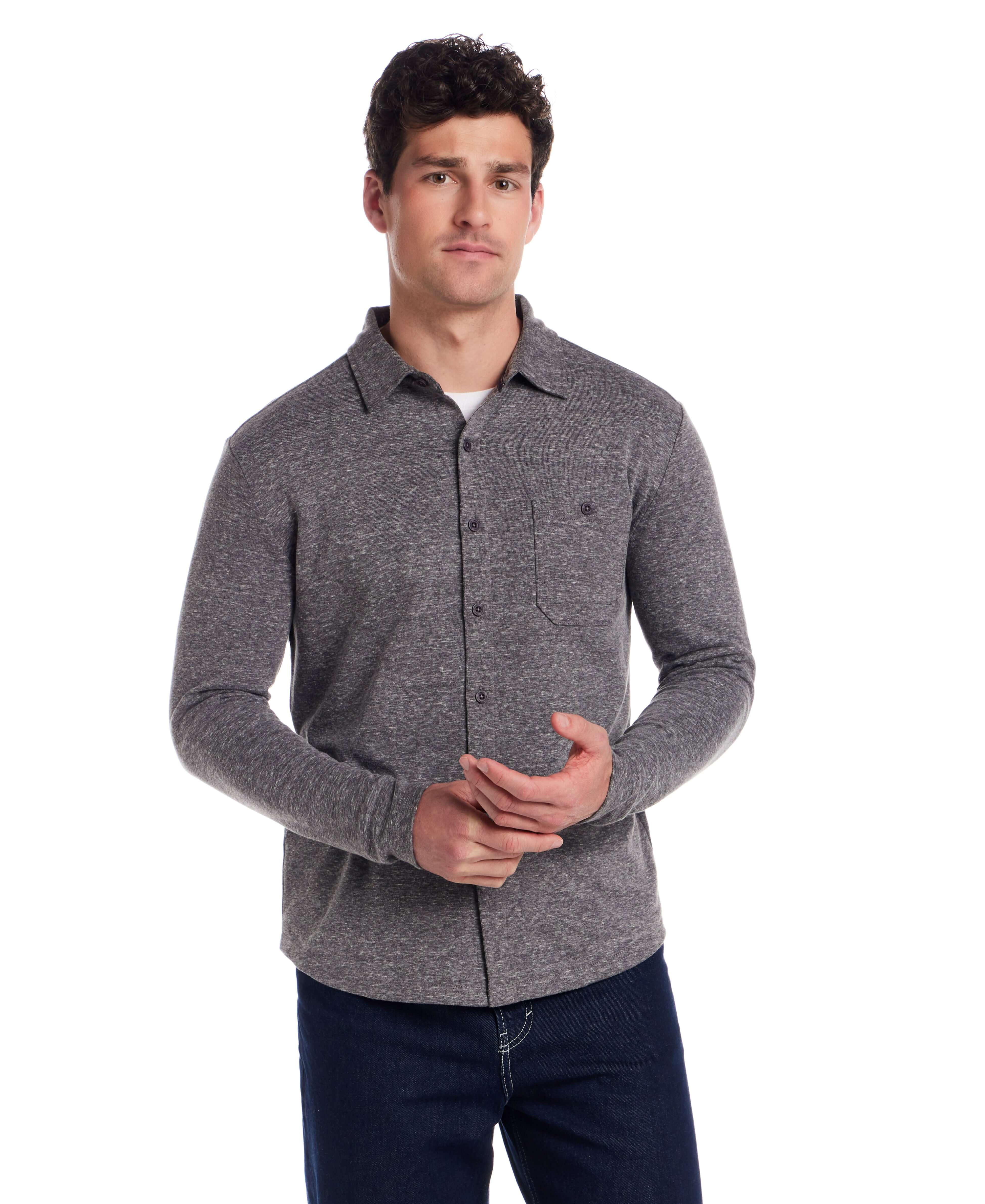 Long Sleeve Heathered Coatfront Knit in Moonless Night