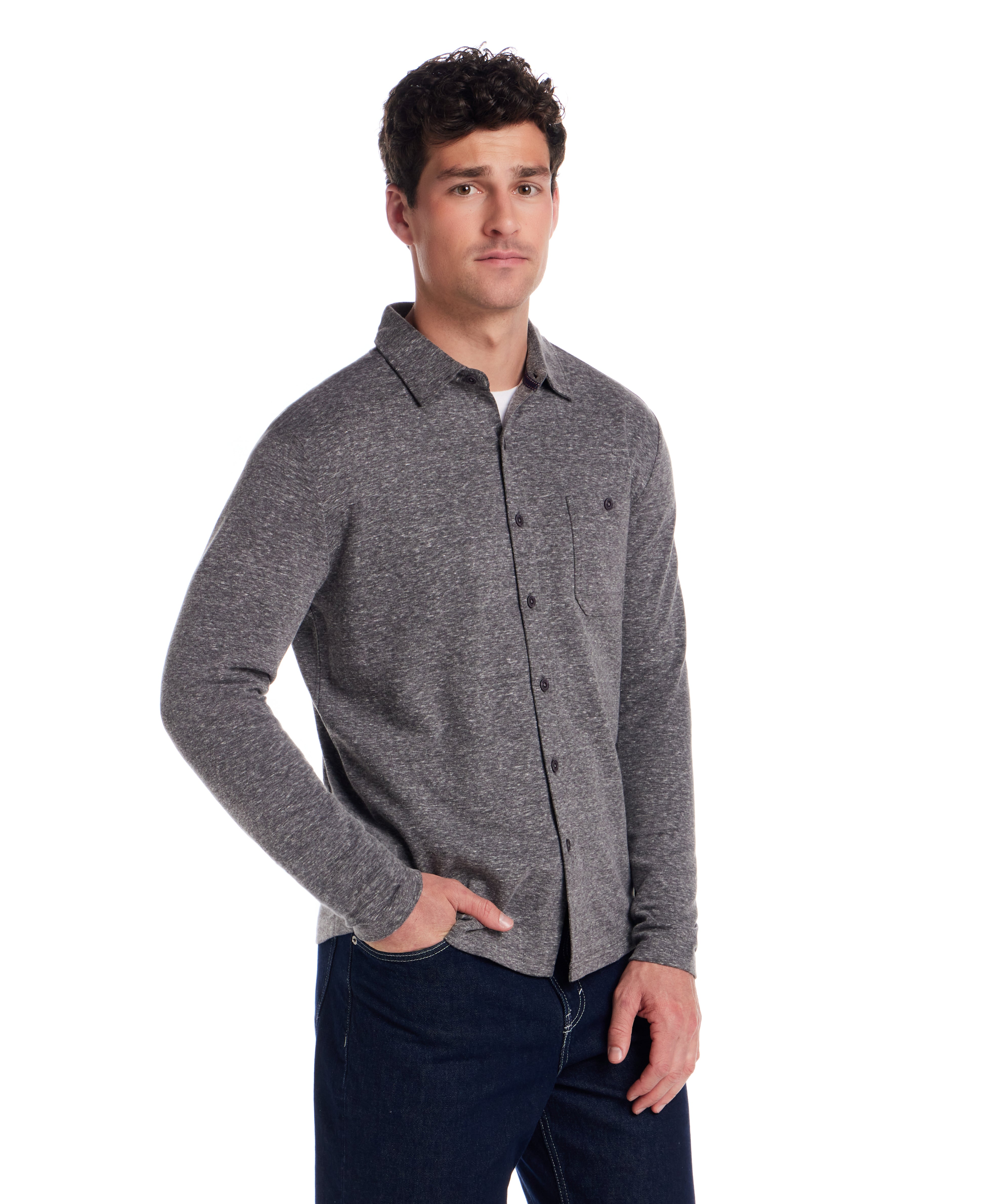 Long Sleeve Heathered Coatfront Knit in Moonless Night