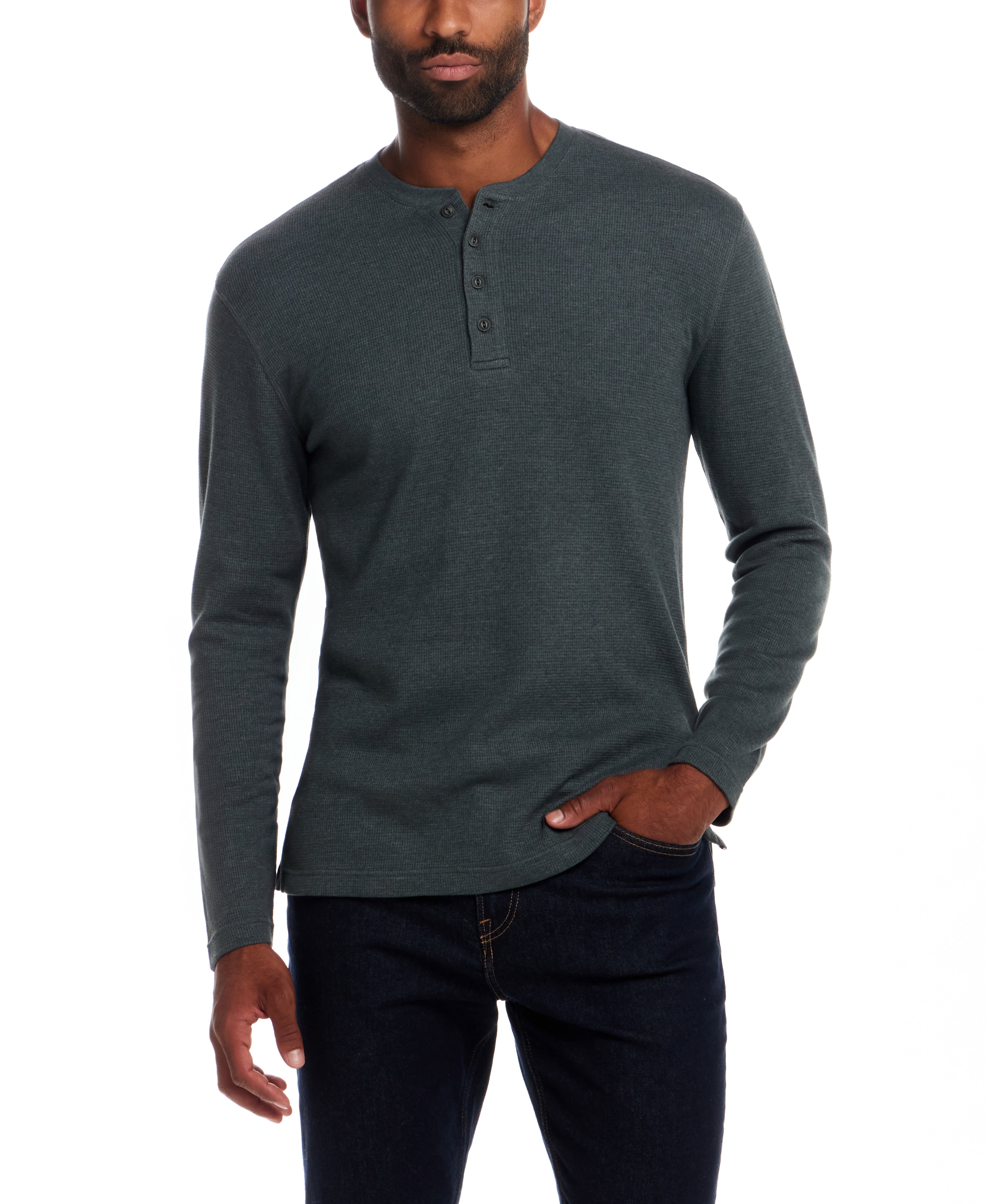 Long Sleeve Waffle Henley in Heather Scarab